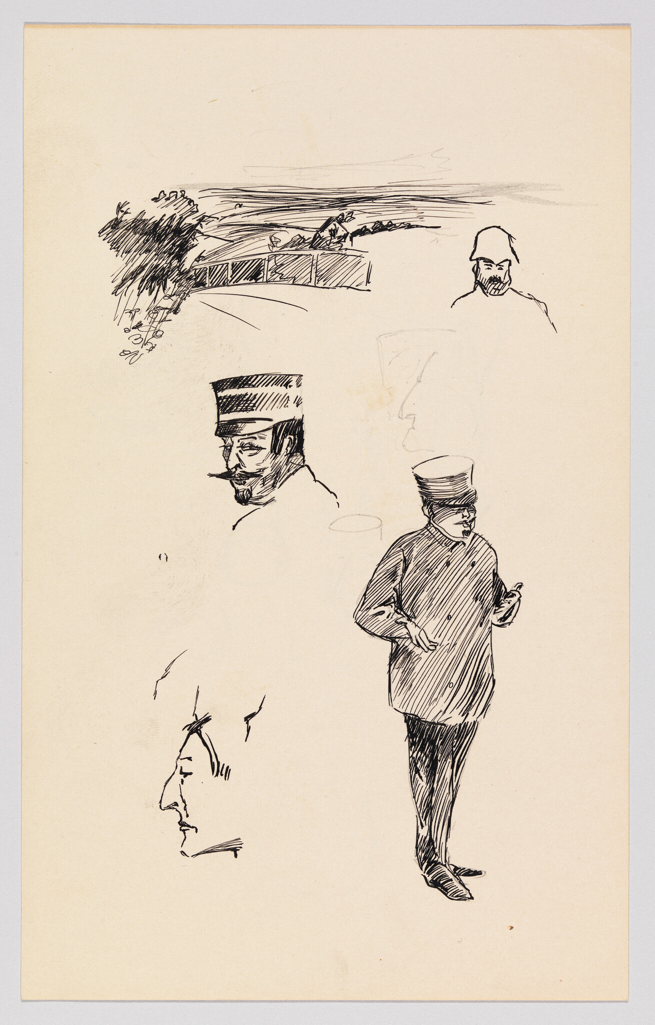 Multiple ink sketches of men wearing tall hats, including one standing and gesturing.