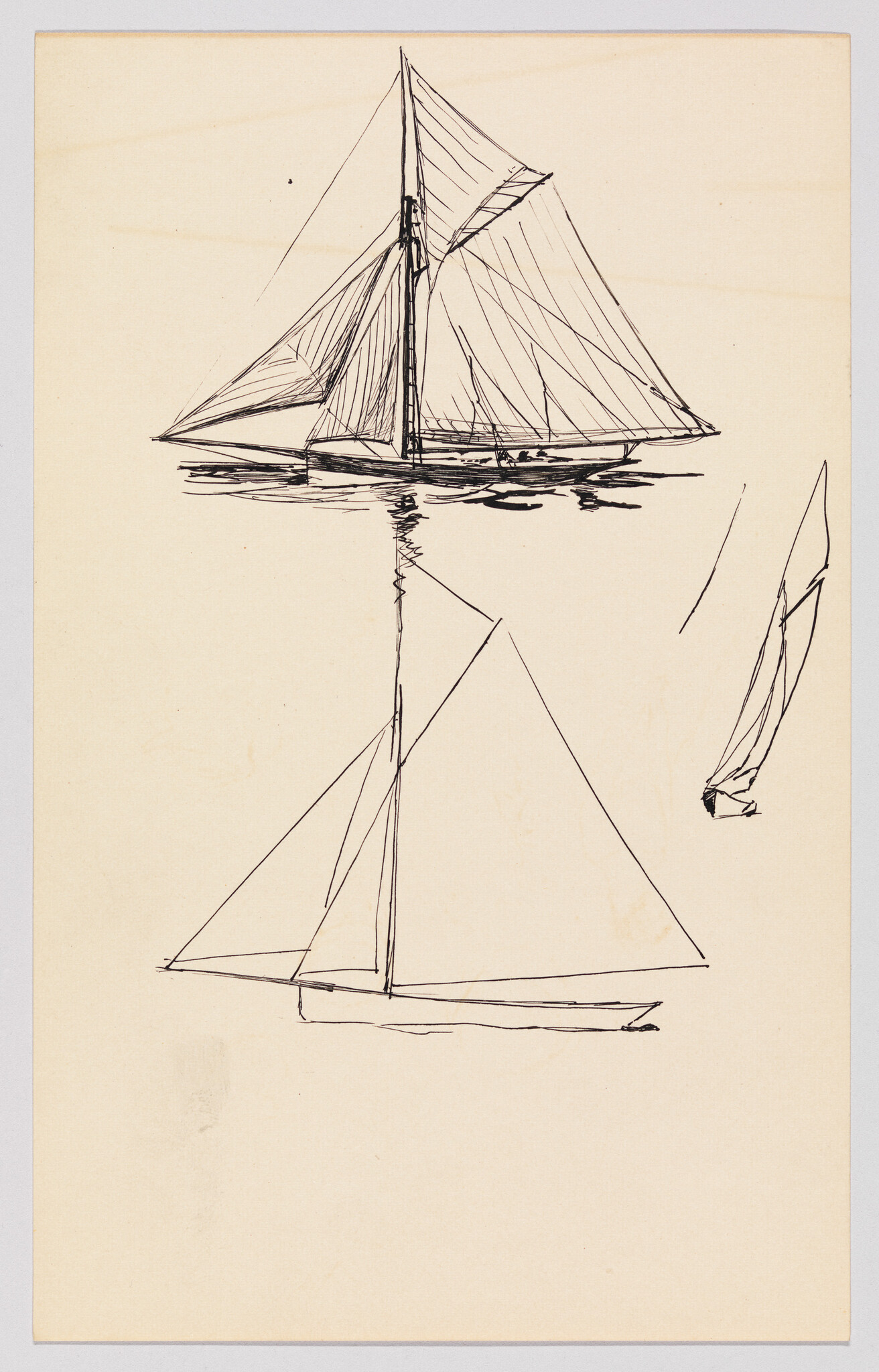 A simple pen sketch showing two sailboats and a small sail fragment on calm water.