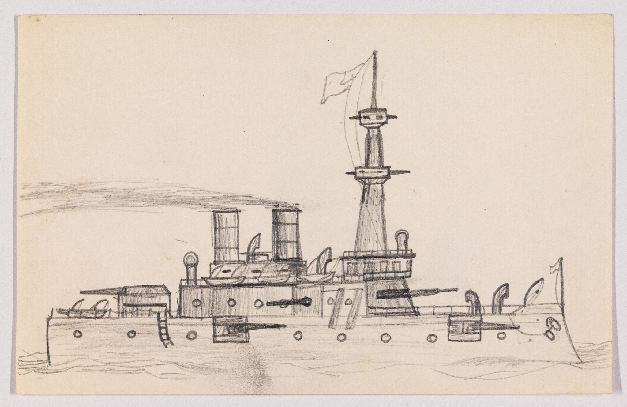 A pencil sketch of an armored warship with smokestacks, guns, and a tall mast.