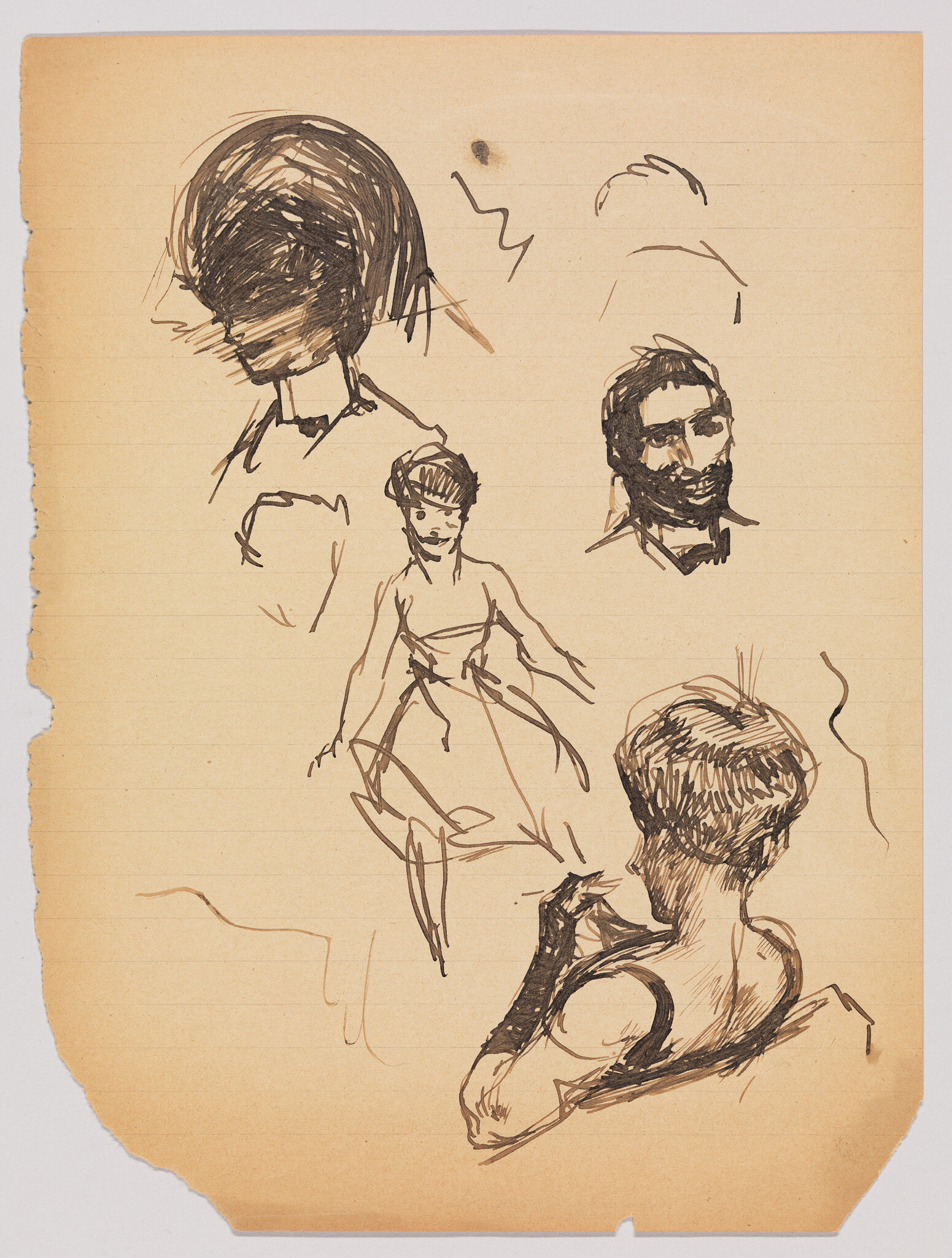 Several quick ink sketches of people, including a seated woman, a bearded man, and head studies.
