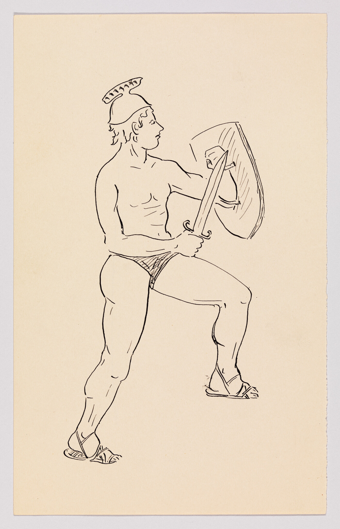 A helmeted, nearly nude warrior strides forward holding a raised shield and sword.