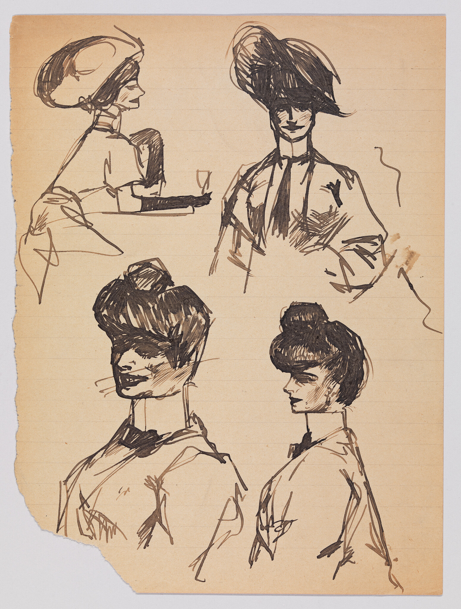 Four ink sketches of women with high Gibson-style hair and large hats on lined paper.