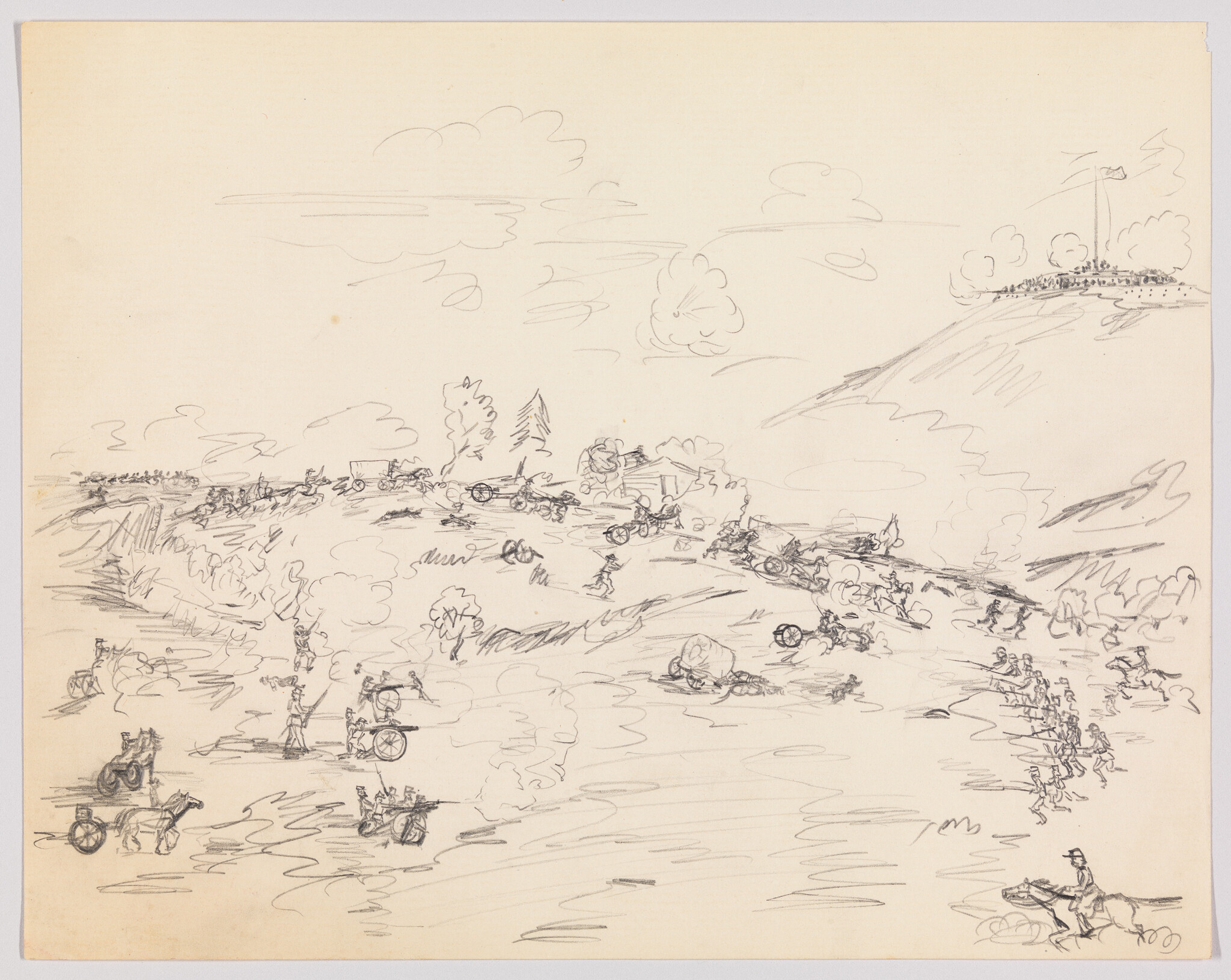 Pencil sketch showing soldiers and cannons advancing across a rolling battlefield with horsemen.