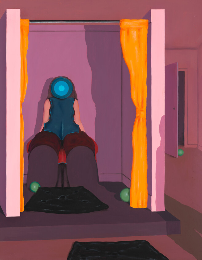 A person with a blue circular head sits on a bench between yellow curtains in a pink room.