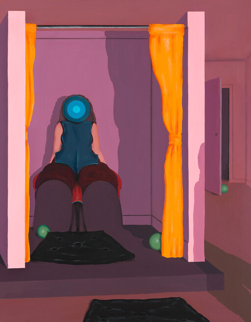 A person with a blue circular head sits on a bench between yellow curtains in a pink room.