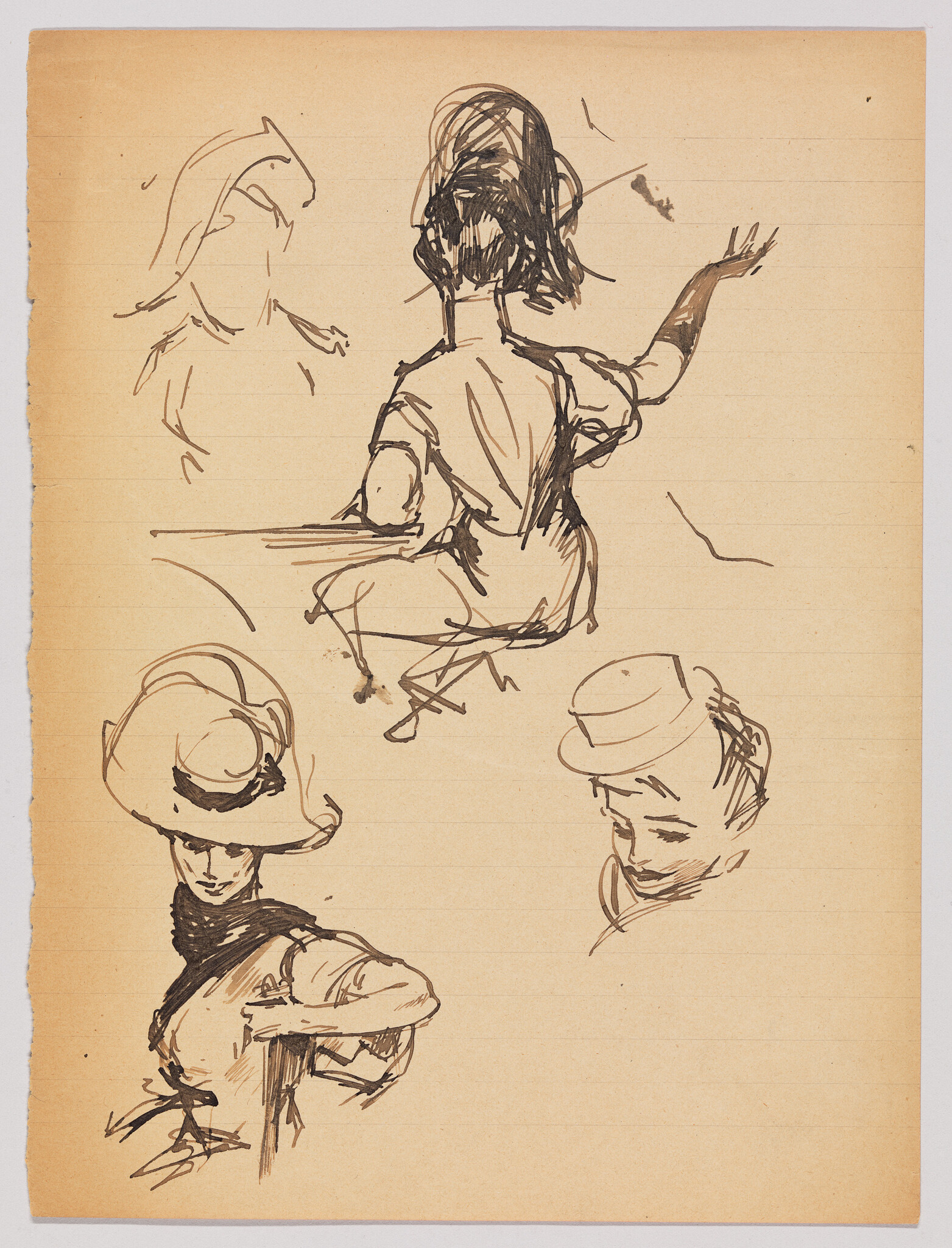 A quick ink sketch of women in hats, one seated with arm raised.
