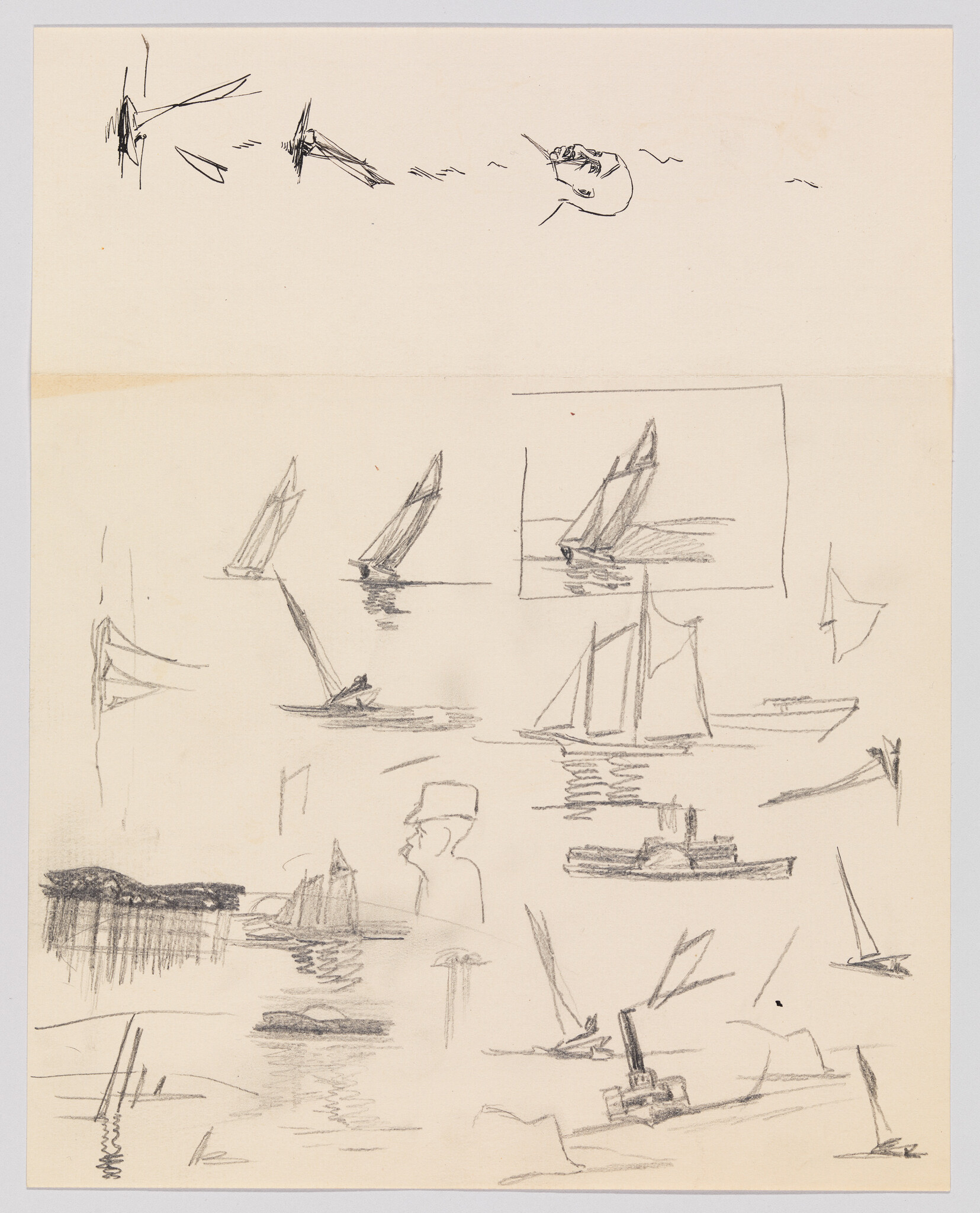 Several quick pencil sketches of sailboats and small boats on calm water with reflections.