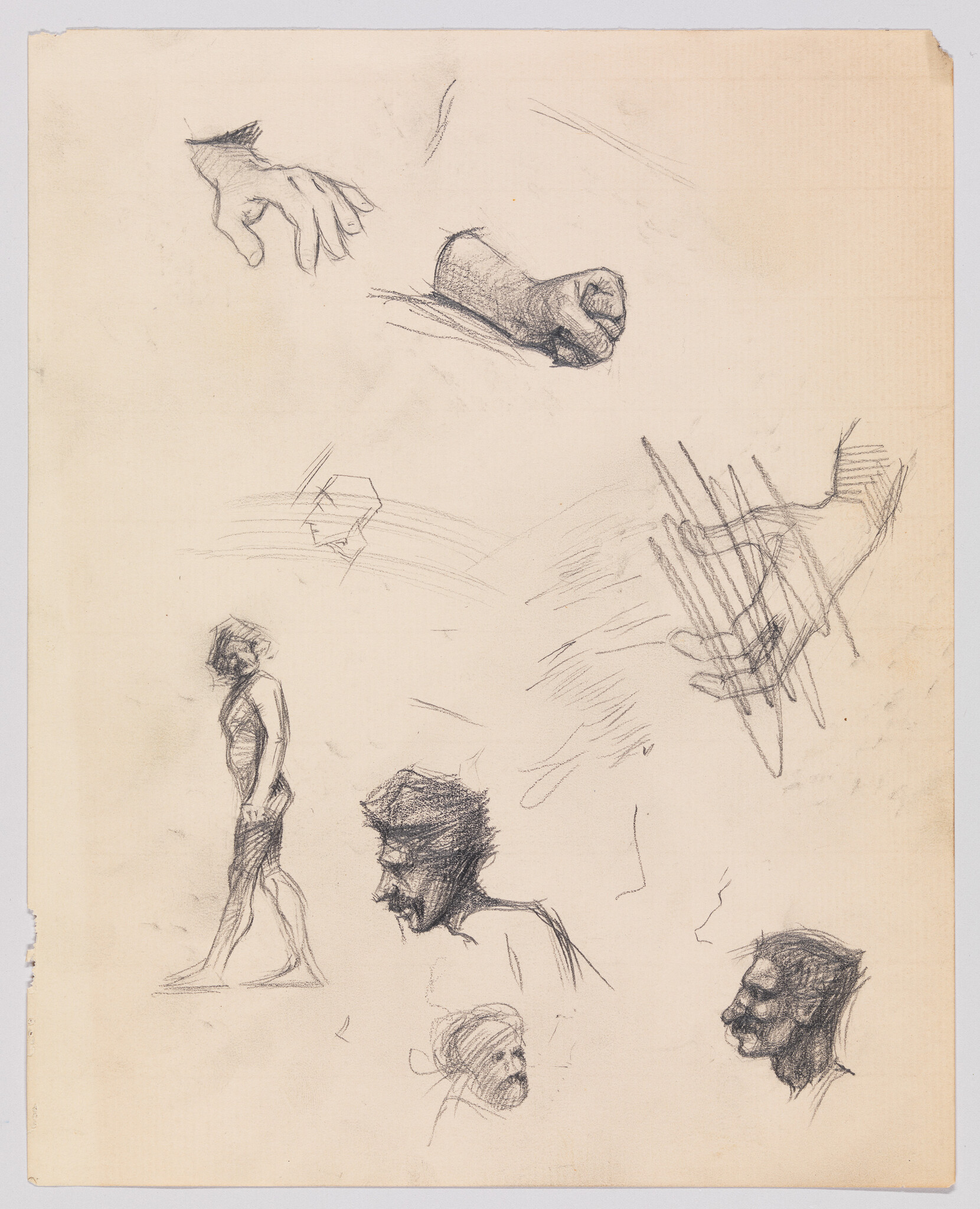 Pencil sketches of hands, several male head studies, and a walking nude figure on paper.