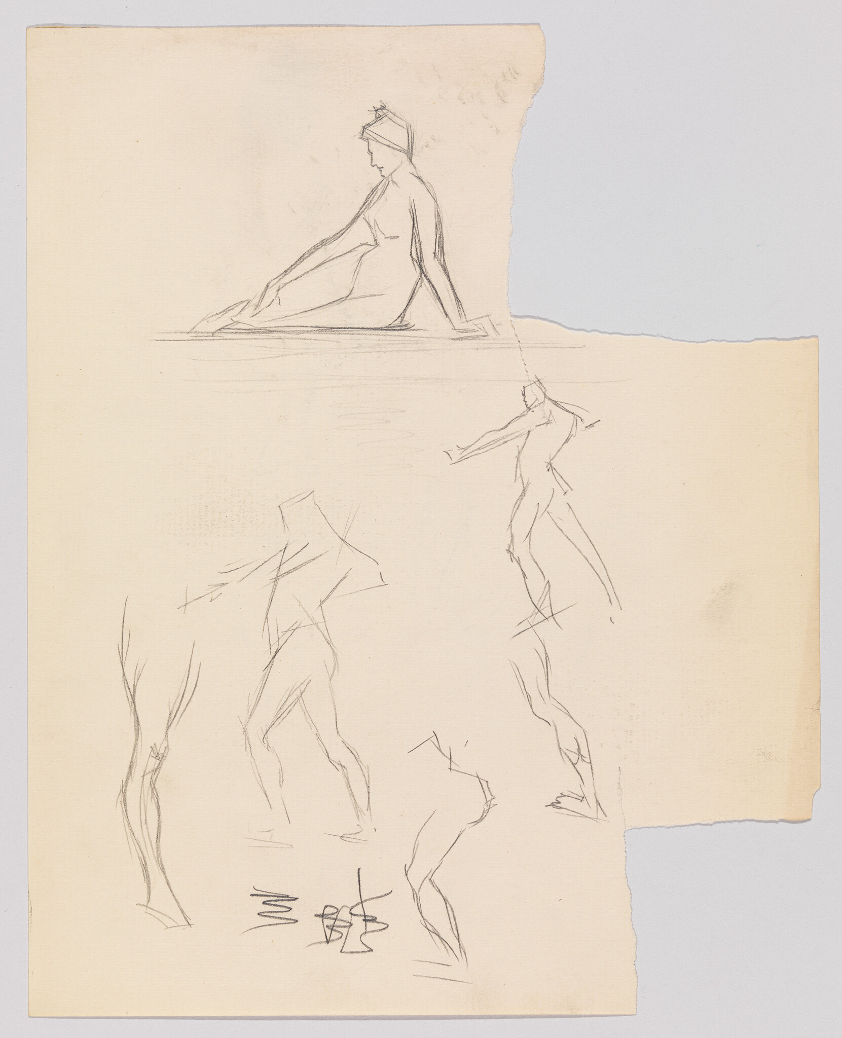 Loose pencil sketches of human figures in various standing and seated poses on torn paper.