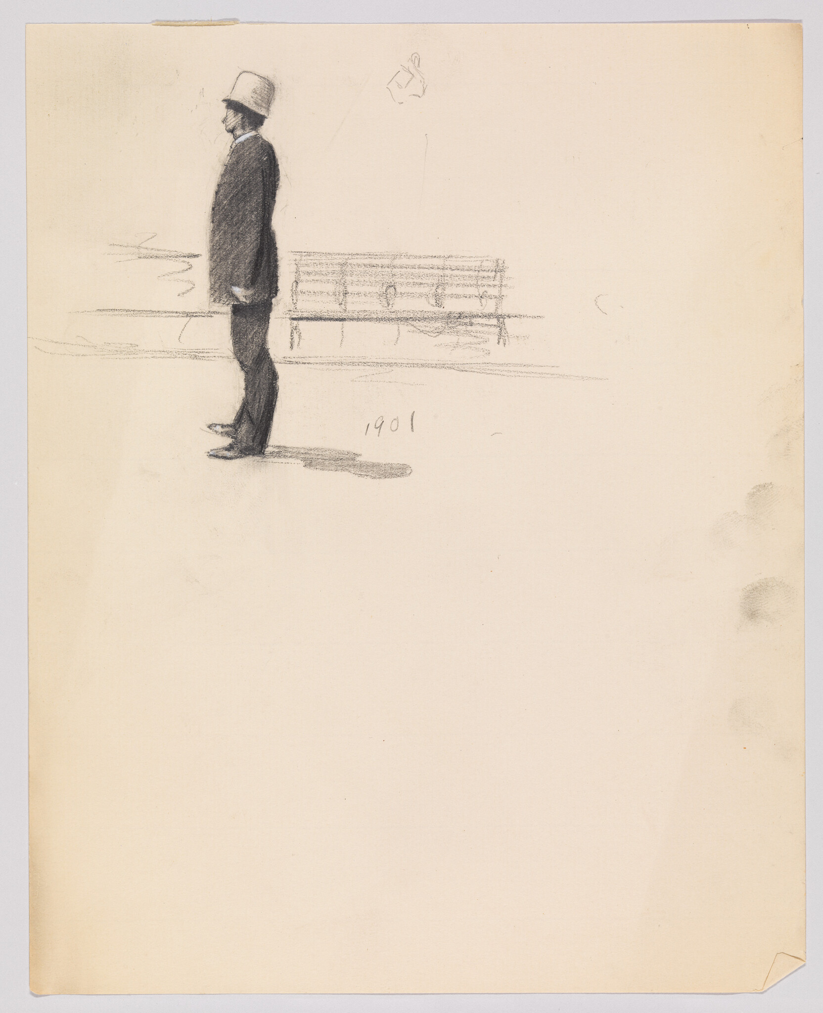 A man in a suit and top hat stands facing left beside a park bench in a pencil sketch.