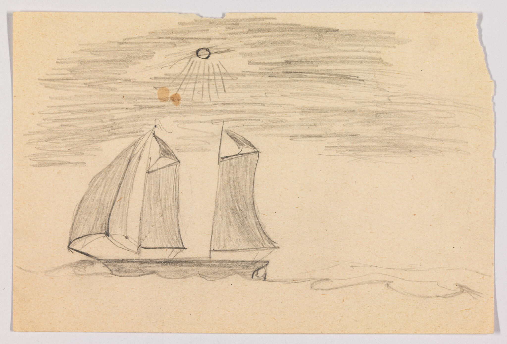A pencil sketch of a two-masted sailboat sailing on calm waters beneath a sunlit sky.