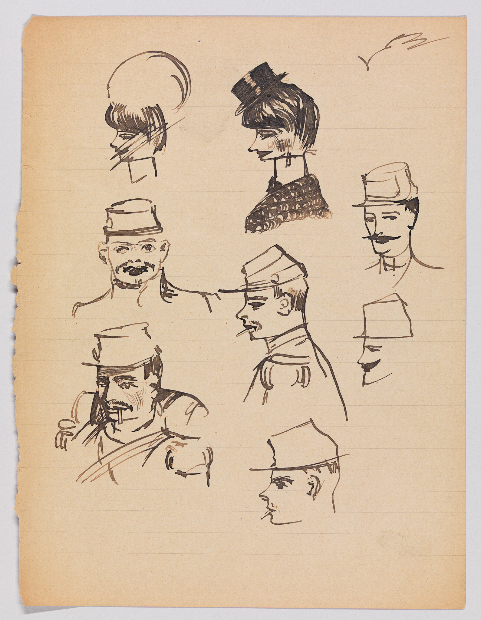Several quick ink sketches of people wearing hats arranged on lined notebook paper.