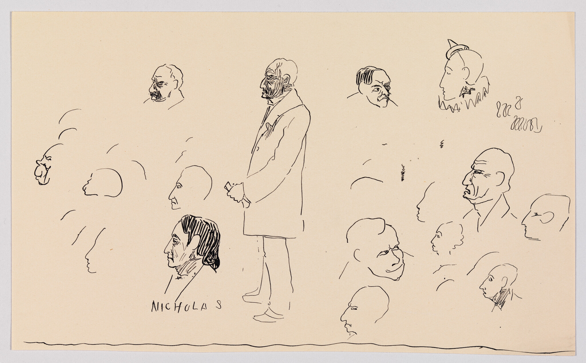 A central standing man in a coat is surrounded by numerous quick pen head and profile sketches.