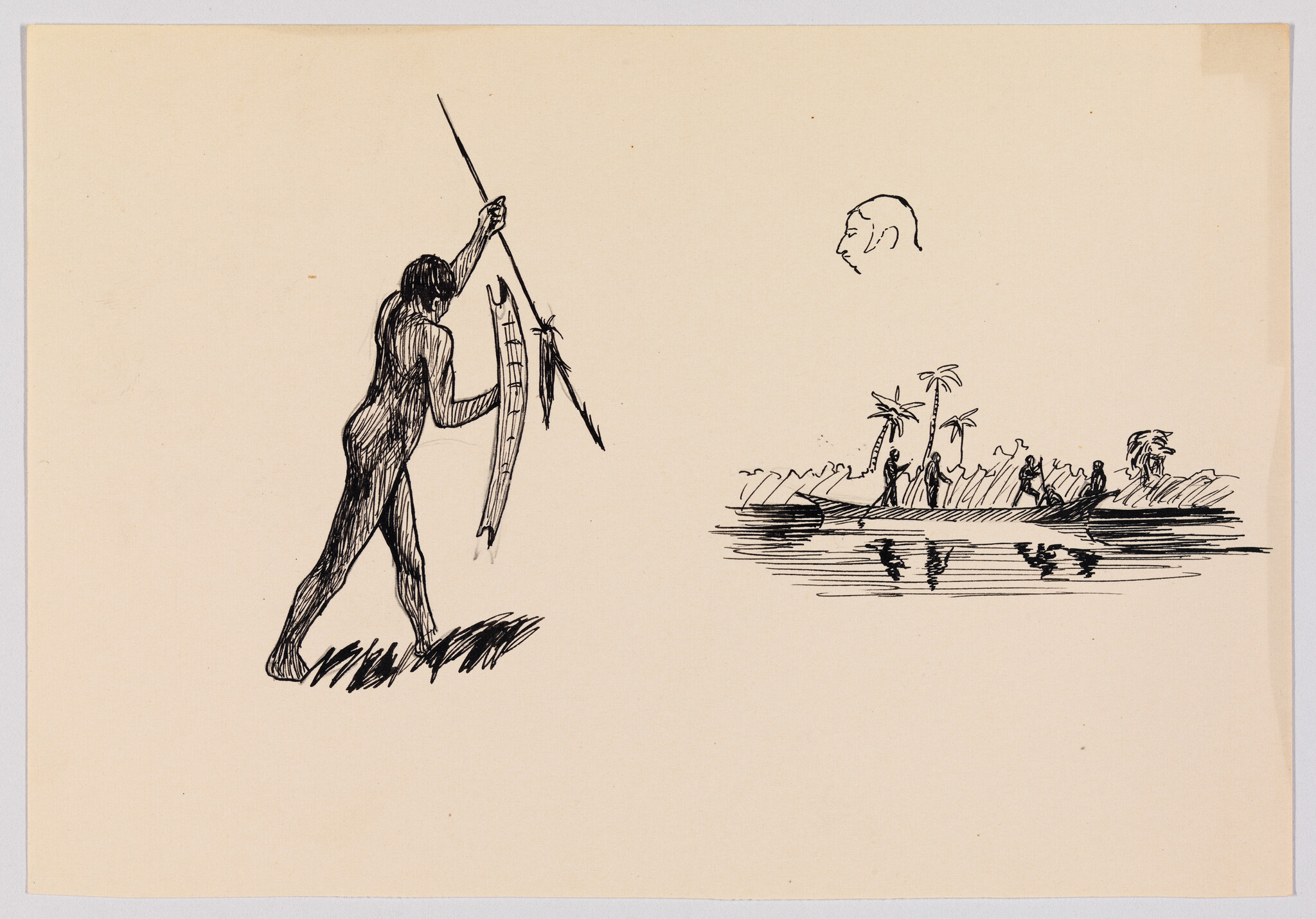 A standing man holds a long spear and a carved shield while walking toward a distant shoreline.