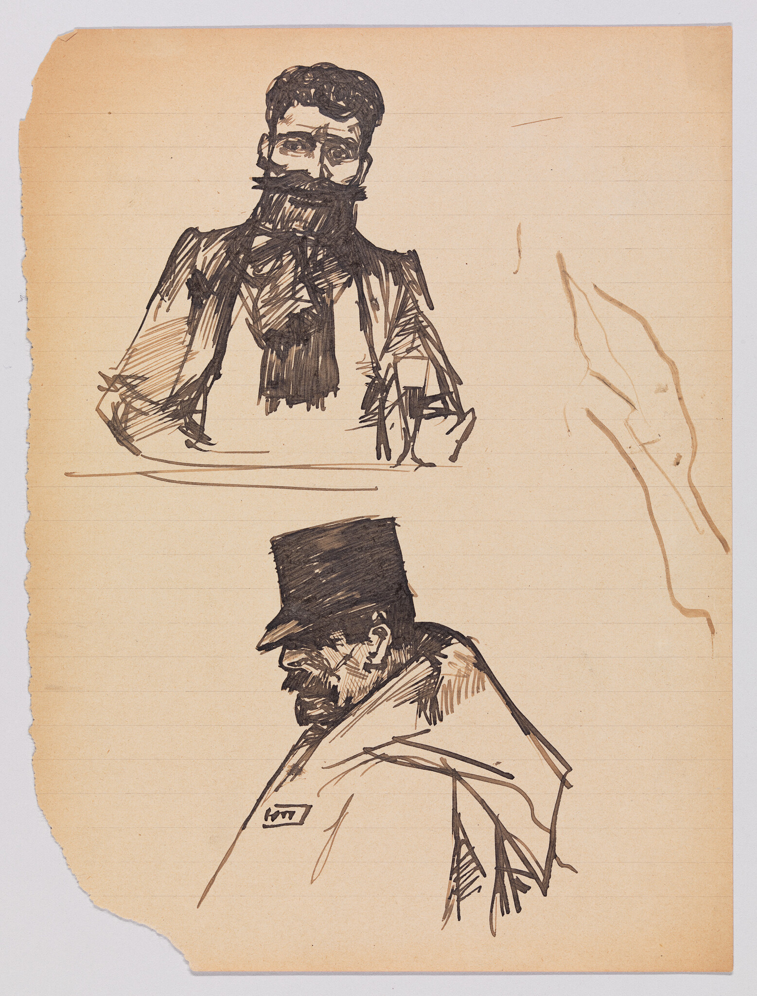 Two ink sketches of bearded men, one facing forward and one in profile wearing a hat.
