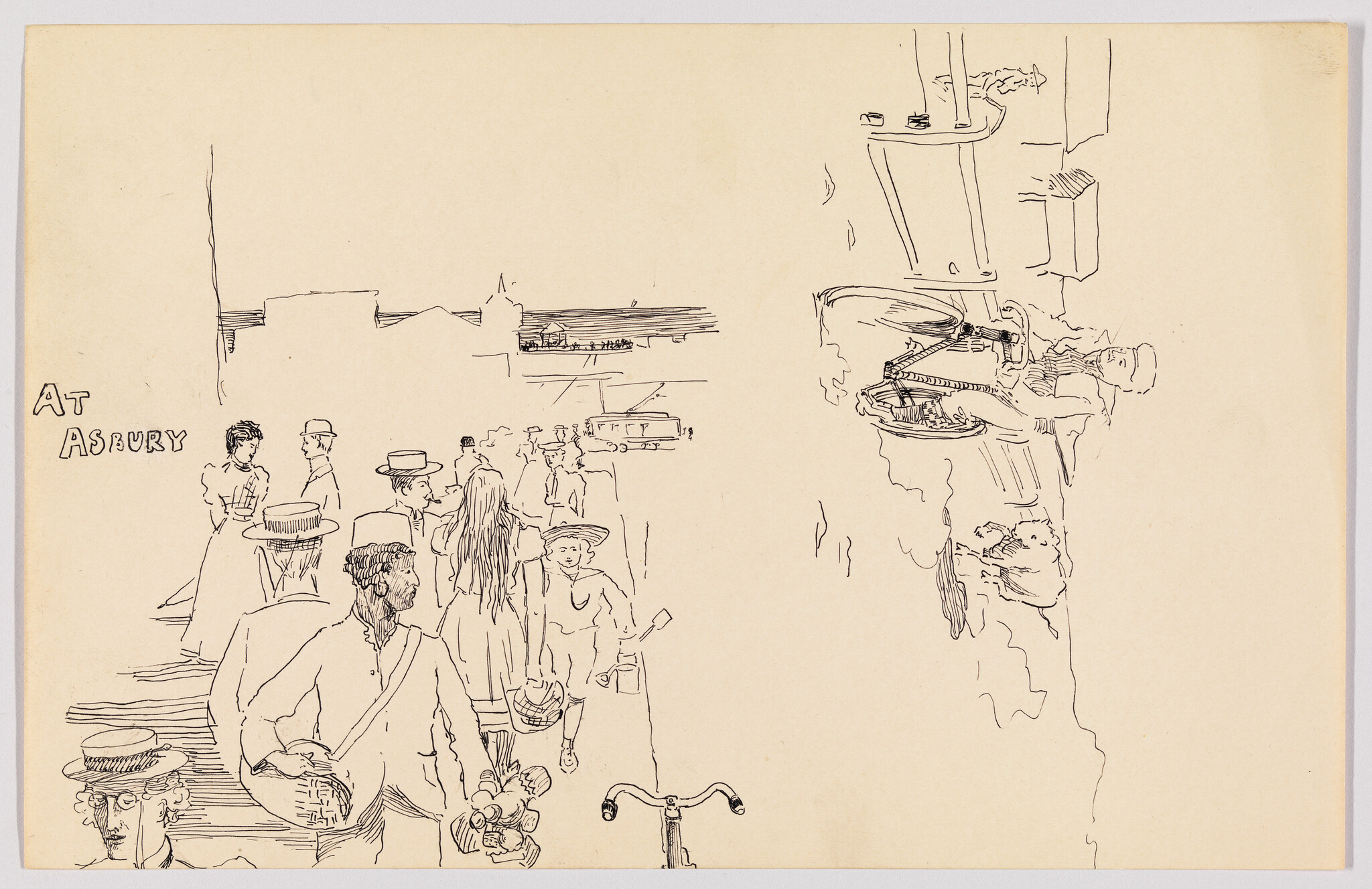 Crowd of people in period clothing gathered at Asbury with a man holding a basket.