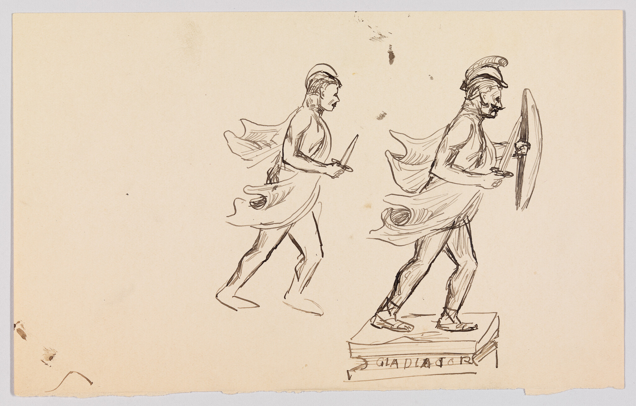Two sketchy gladiators advancing, one holding a shield and sword while standing on a labeled pedestal.