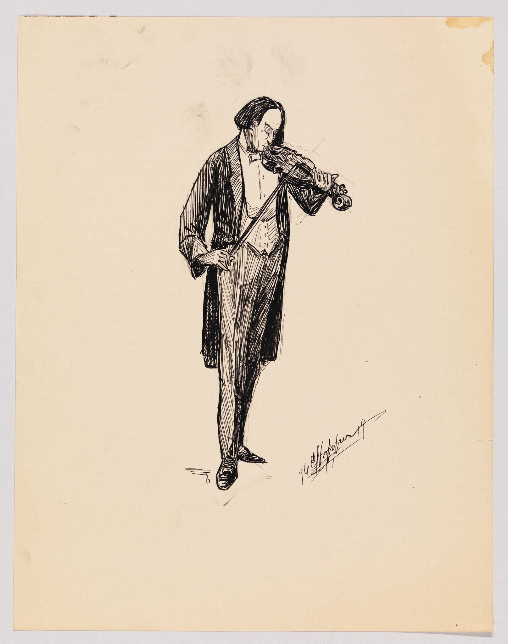 A formally dressed man stands playing a violin with focused posture.