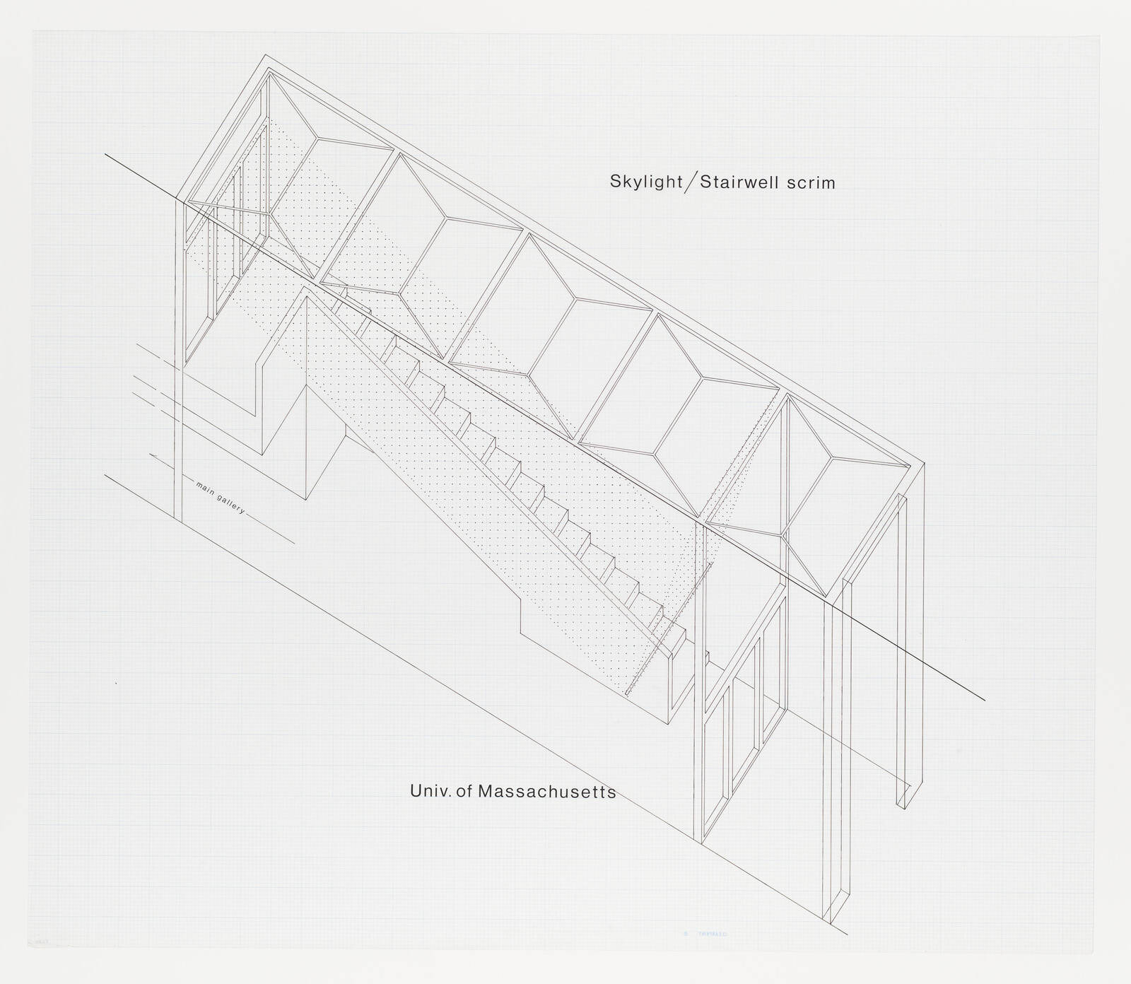 Architectural drawing showing a skylight-covered stairwell labeled Skylight/Stairwell scrim and Univ. of Massachusetts.