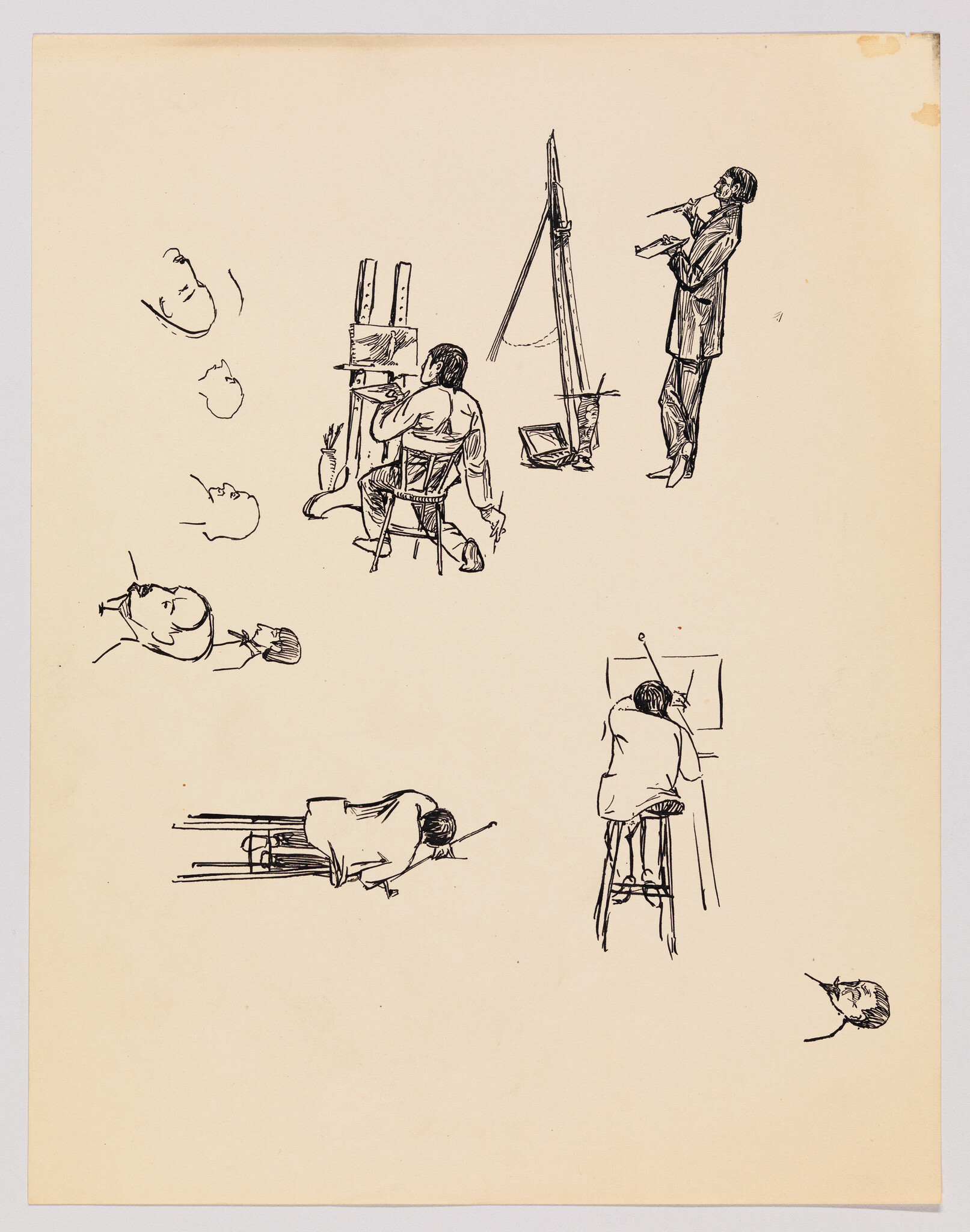 Several quick ink sketches showing artists seated and standing at easels and floating head studies.