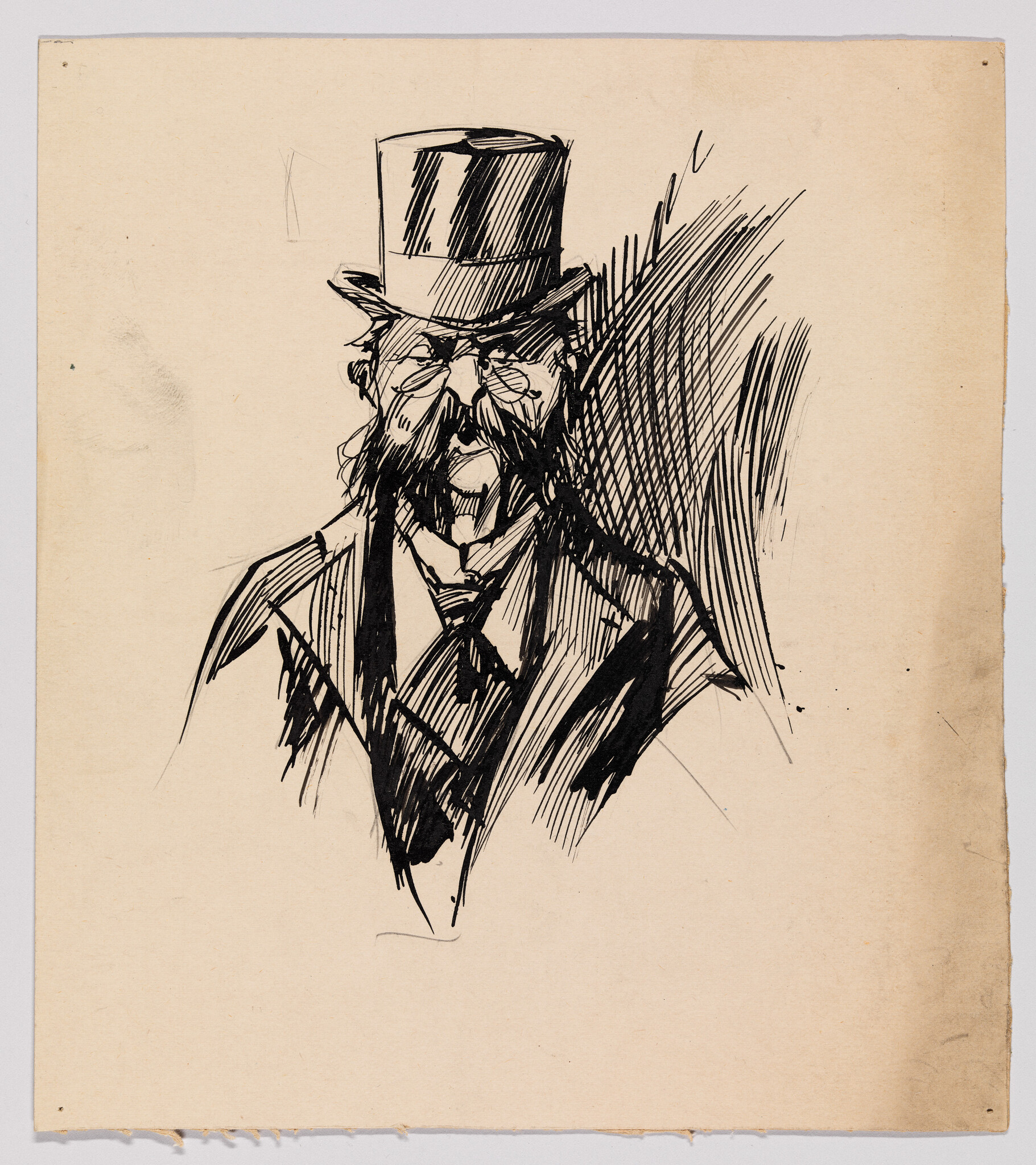 A pen sketch of a stern man wearing a top hat, glasses, and a heavy mustache.