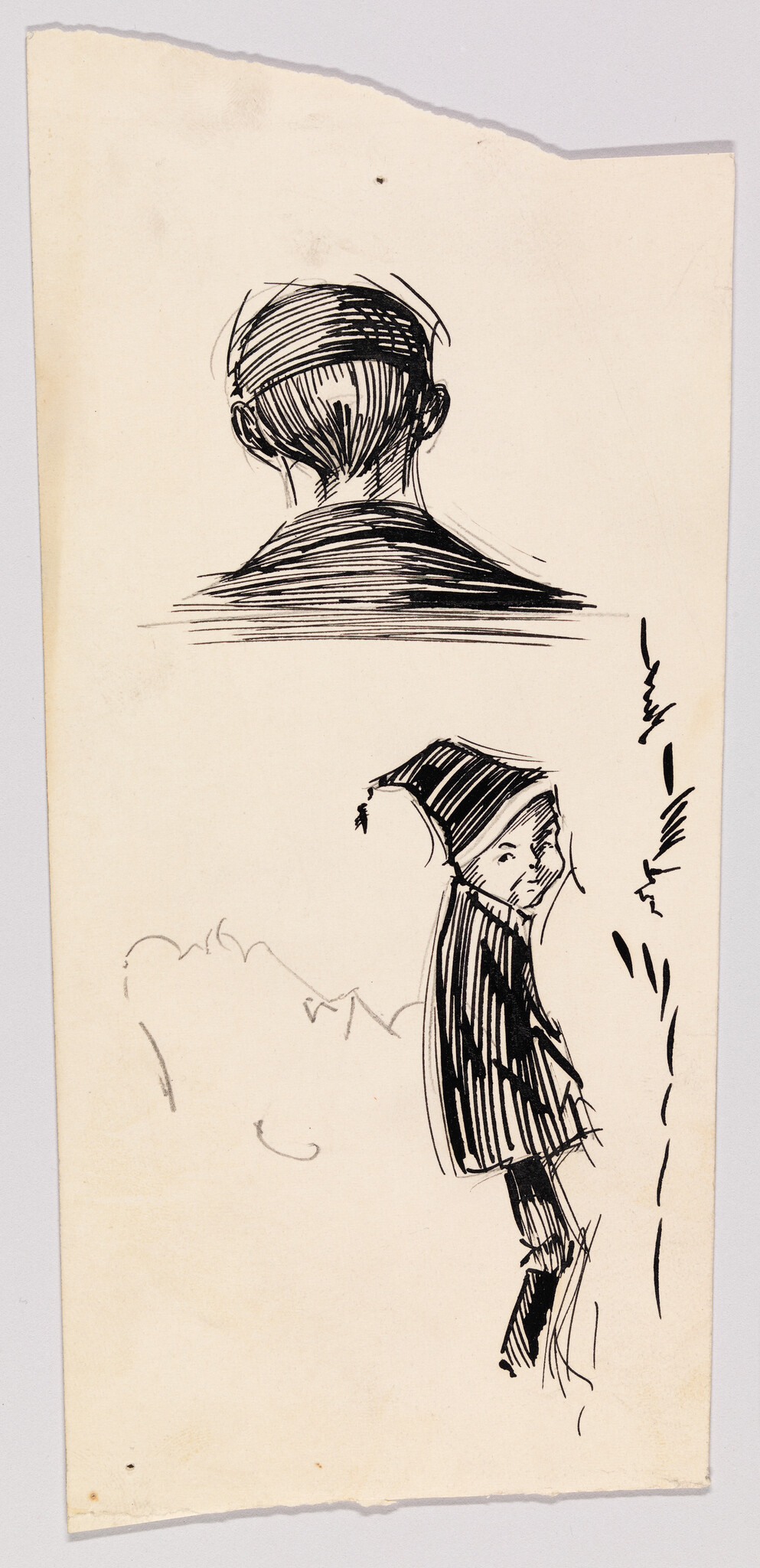 Sketch showing a rear view of a person's head above a small figure in a pointed hat.