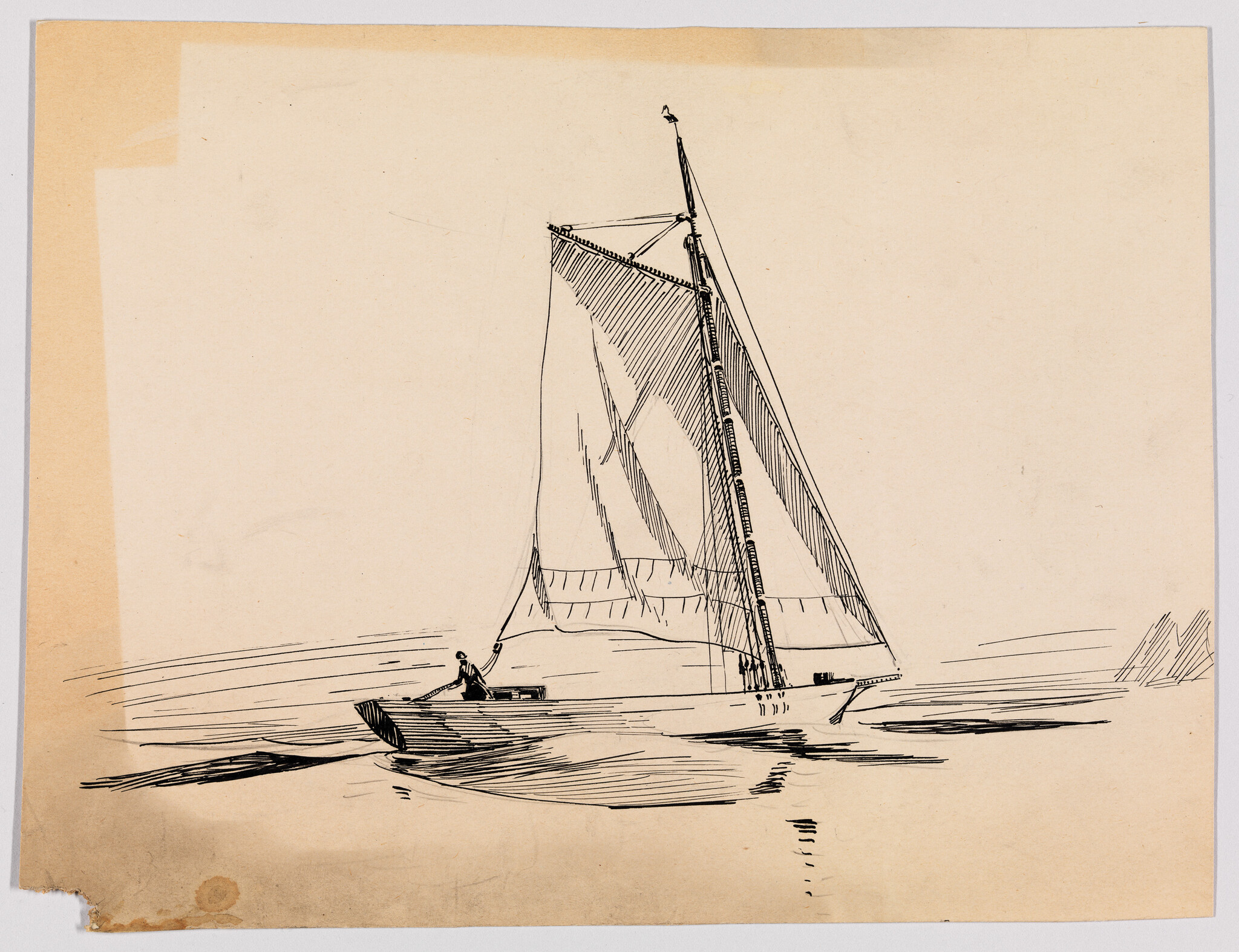 A vintage ink sketch of a sailboat with a single mast and a large sail on the open water, with a small figure visible on the boat. The drawing is done on aged, yellowed paper with some creases and tears, and the scene is depicted with expressive, fluid lines suggesting movement on the water's surface.