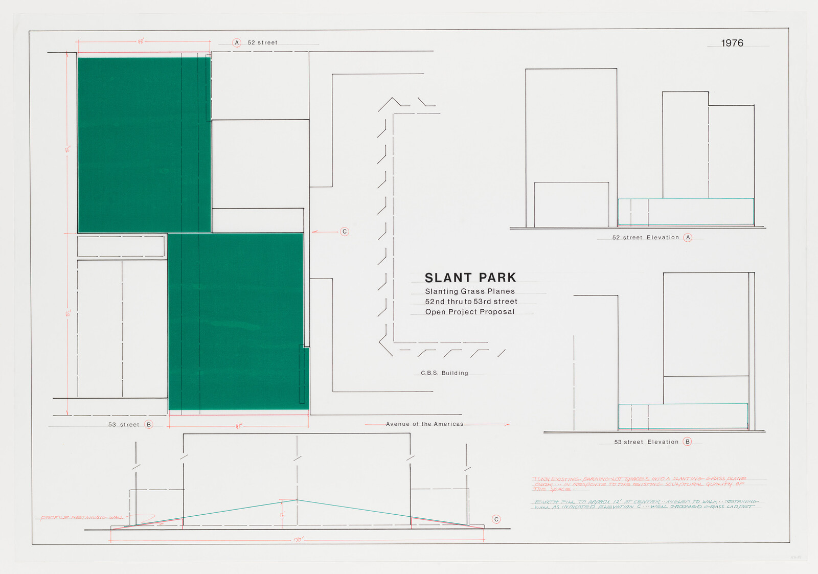 Site plan titled Slant Park showing two large slanted green grass planes and building outlines.