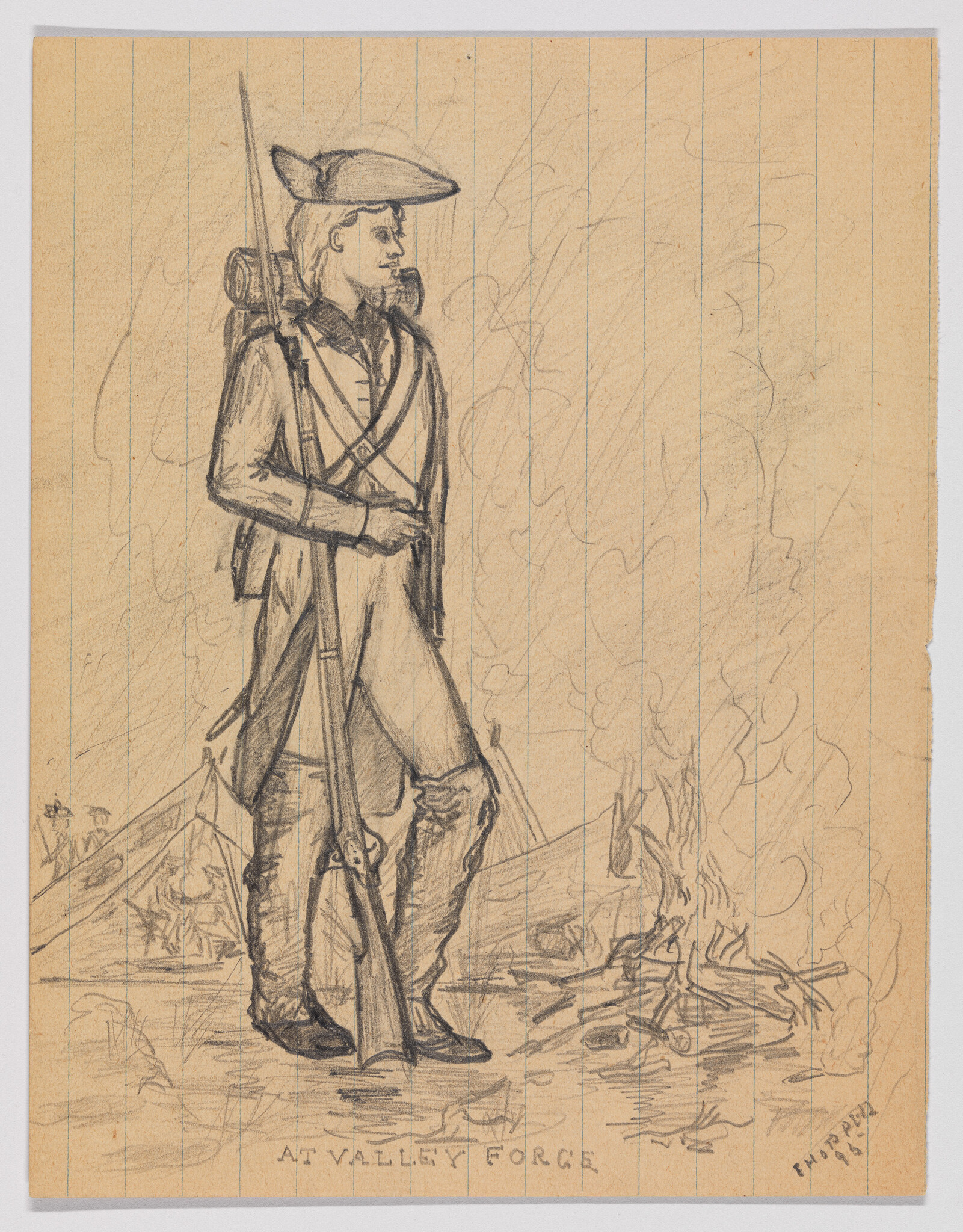 A Revolutionary War soldier stands with a musket by a campfire at Valley Forge.