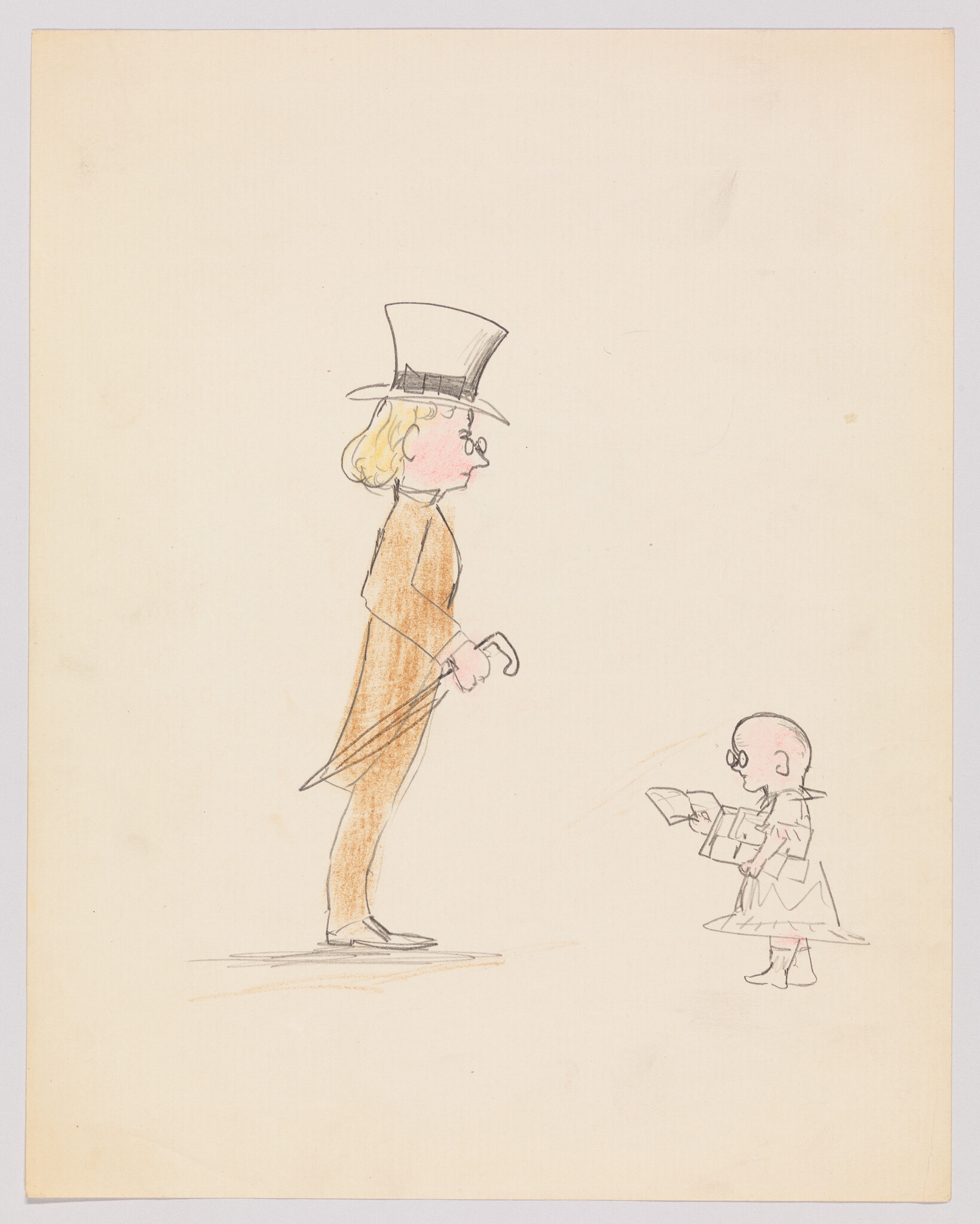 Man in a top hat stands holding an umbrella while a small child reads a book.