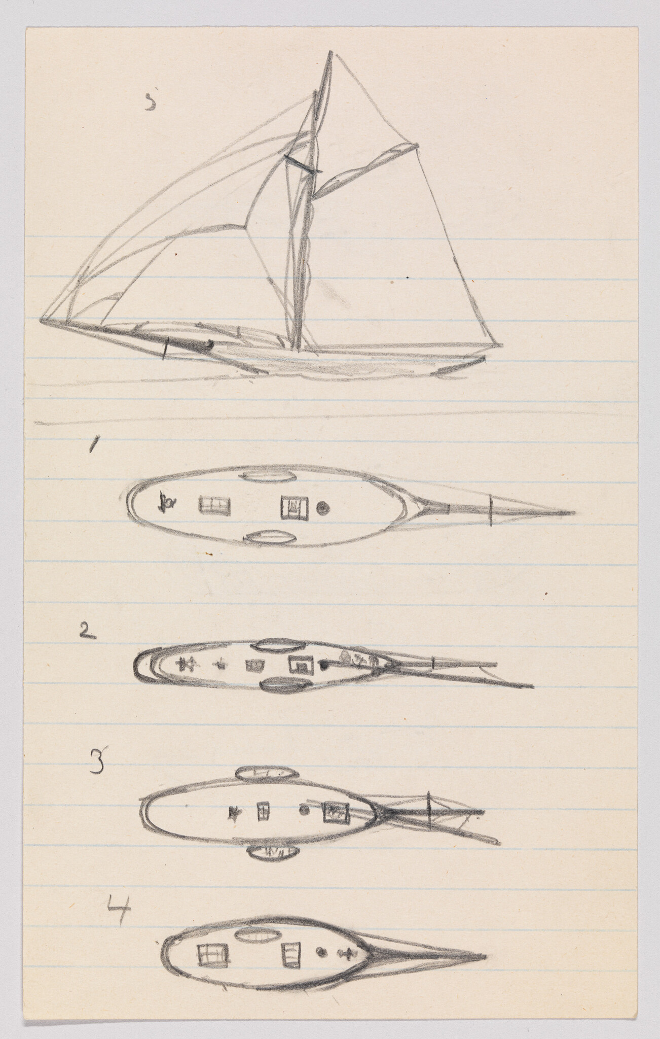 A pencil sketch of a sailboat with four numbered top-down deck designs on lined paper.