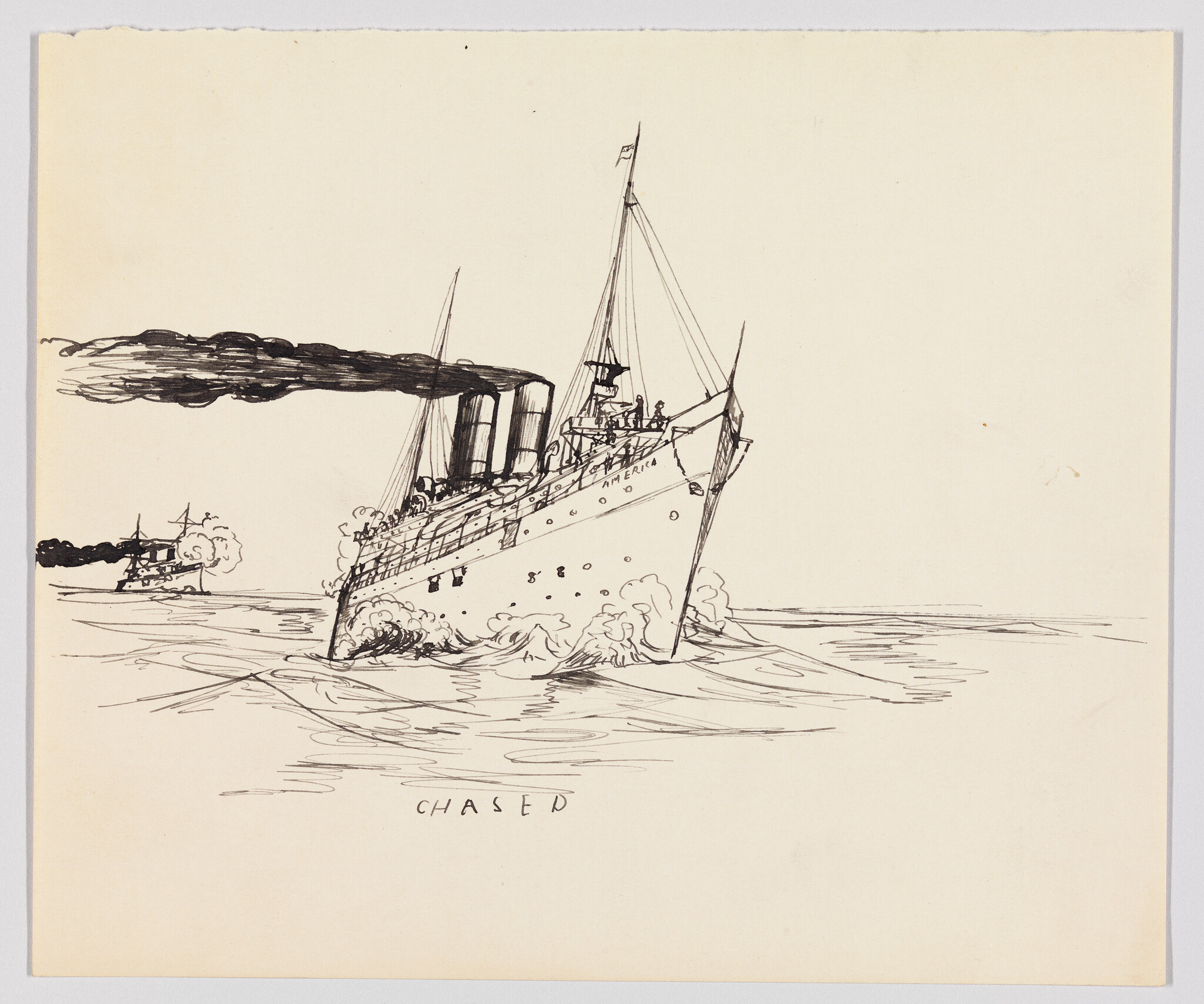 A large steamship plows through waves while a smaller ship chases it, captioned "Chased".