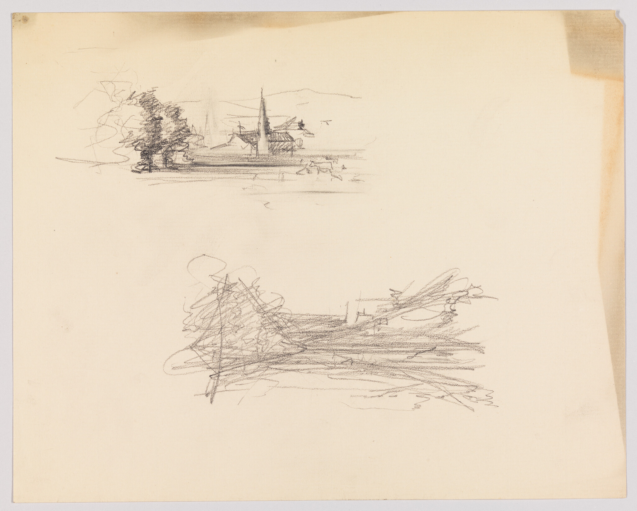 Two loose pencil landscape sketches show trees and a distant church spire on blank paper.