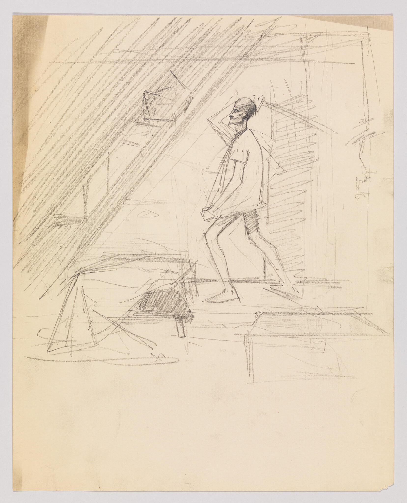 A standing figure walks forward under a slanted ceiling in a rough pencil sketch.