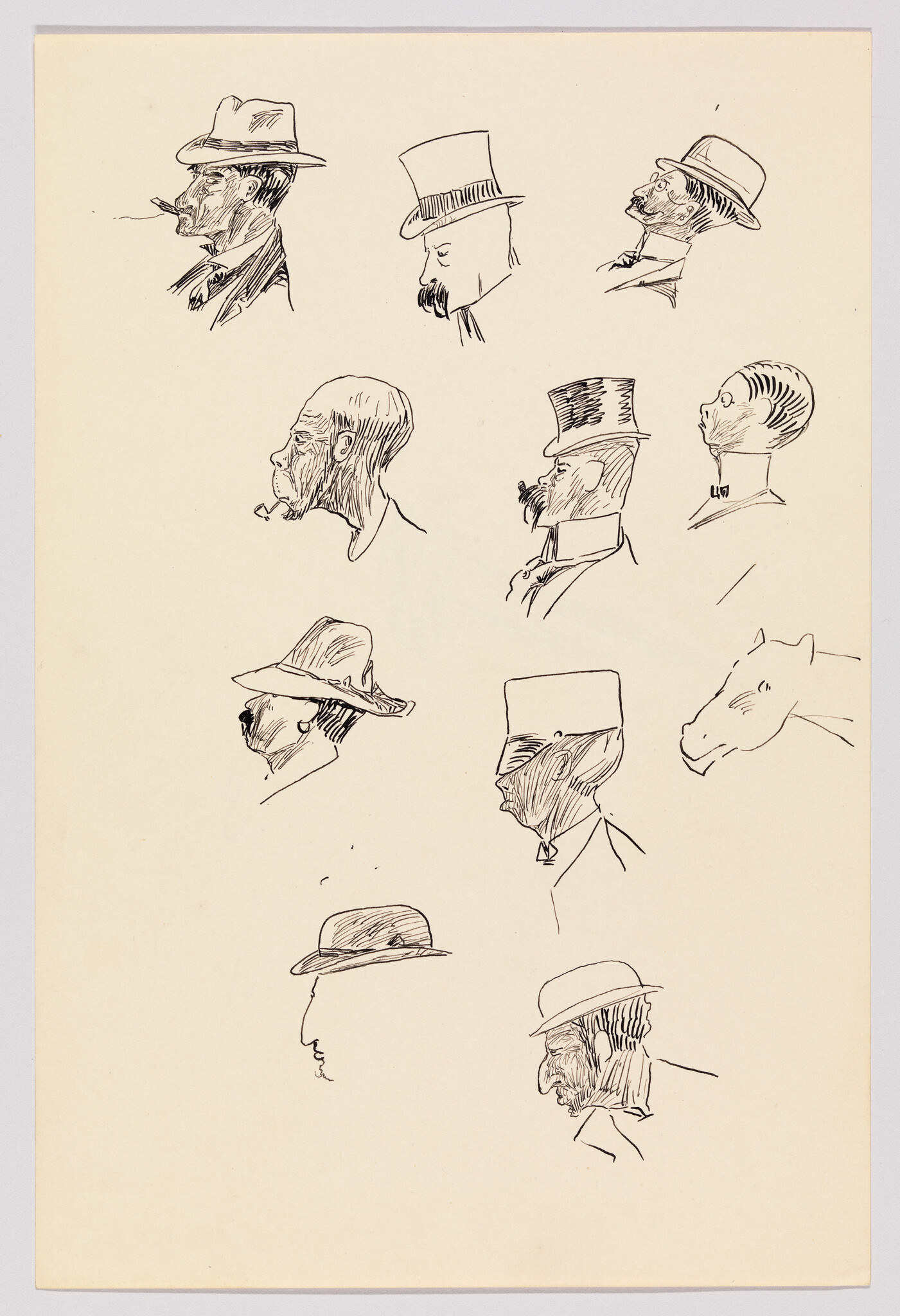 Several quick ink sketches of men's head profiles wearing different hats and one horse head.