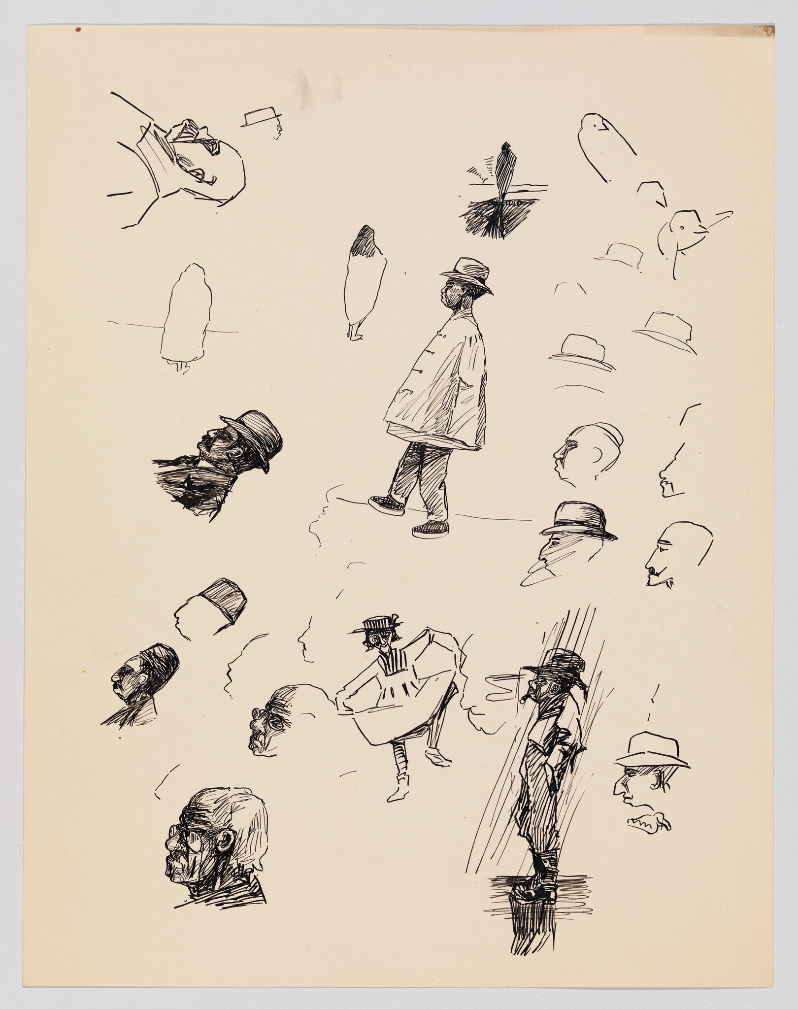 Multiple pen sketches of men in hats with a central walking figure wearing a coat.