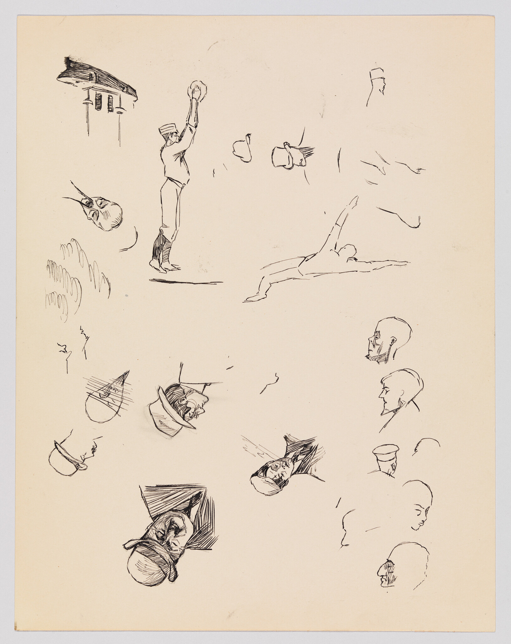 Various quick ink sketches of men’s heads and small figures, including one man holding a ball overhead.