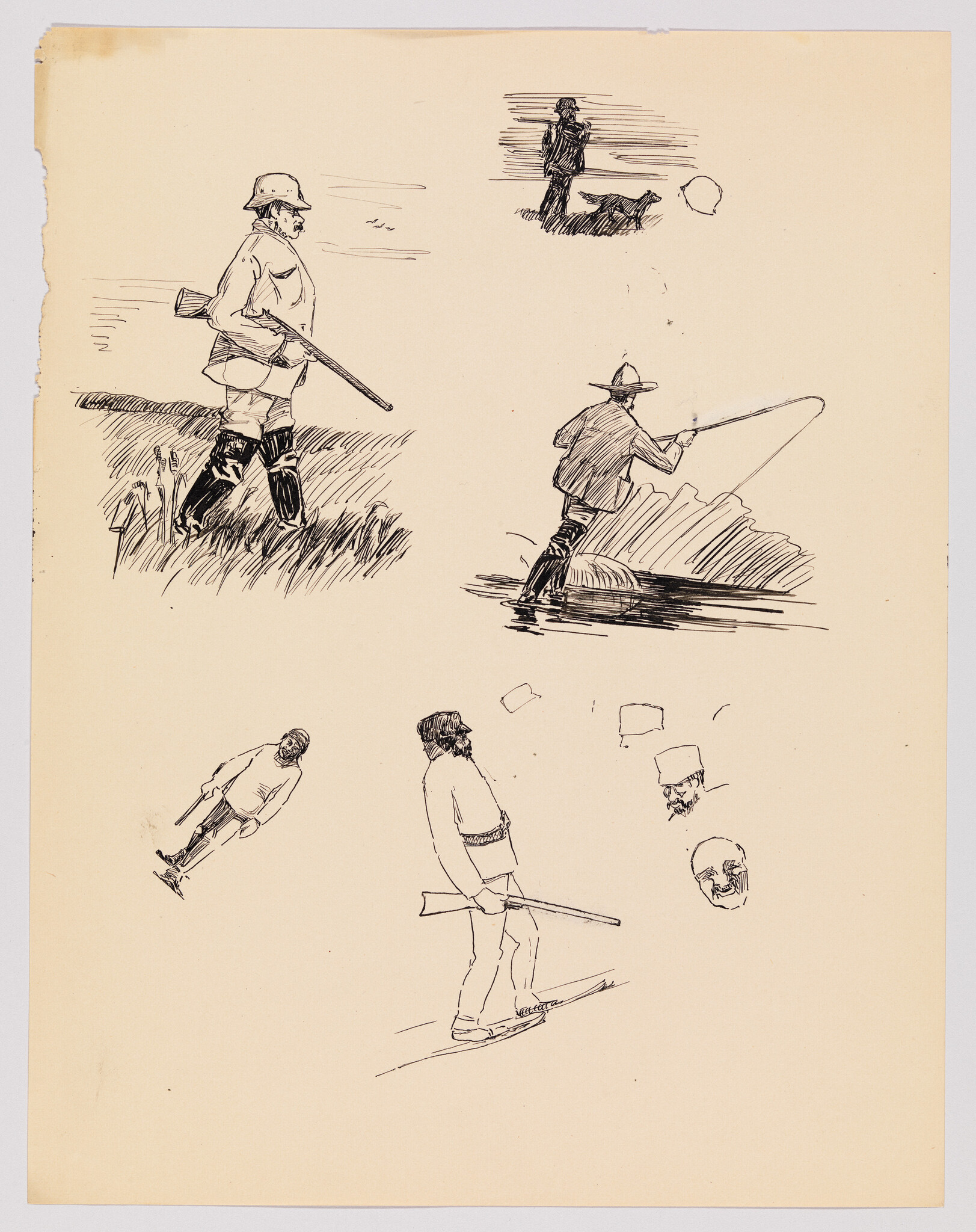 Several ink sketches show men in boots carrying rifles and one man casting a fishing line.