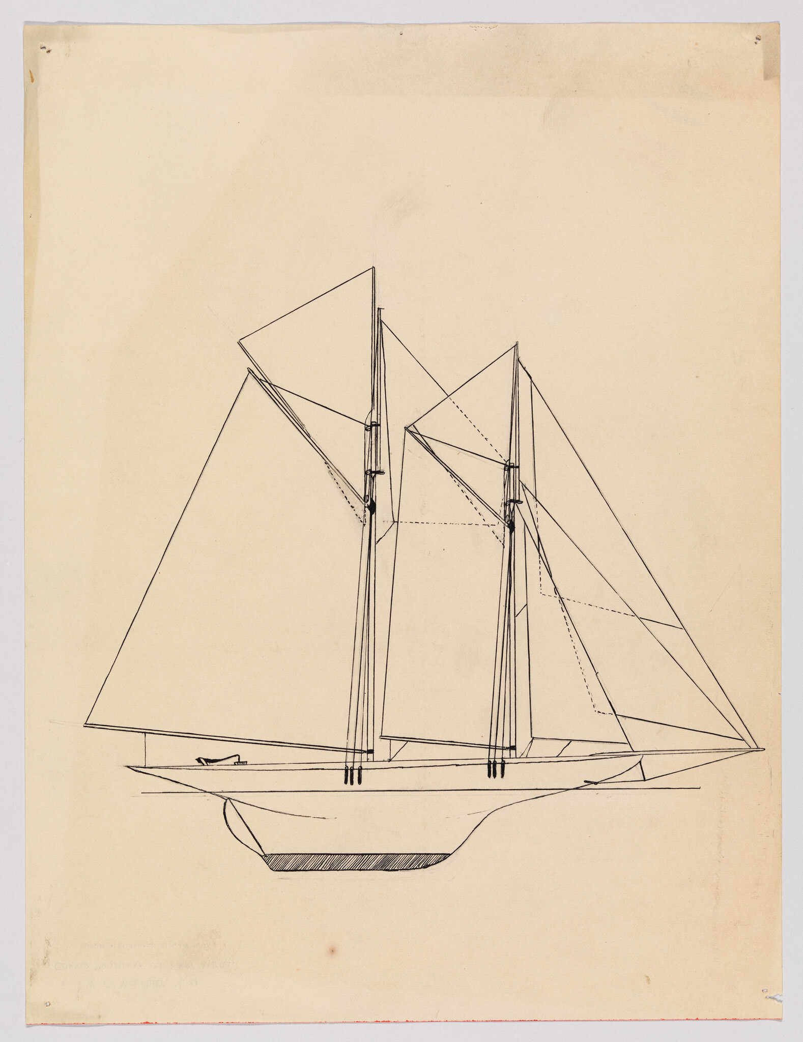 Two-masted sailing schooner drawn in black ink showing hull, masts, and rigging lines.