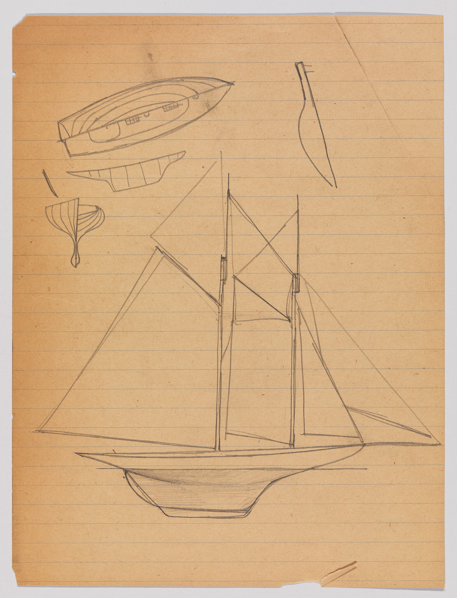 Pencil sketches of a two-masted sailboat and small hull studies on lined paper.
