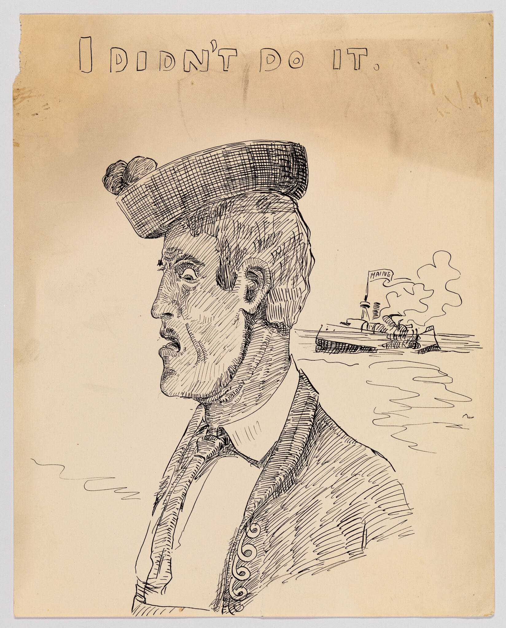 A sailor-looking man in profile with a ship sinking behind him and the caption "I didn't do it."