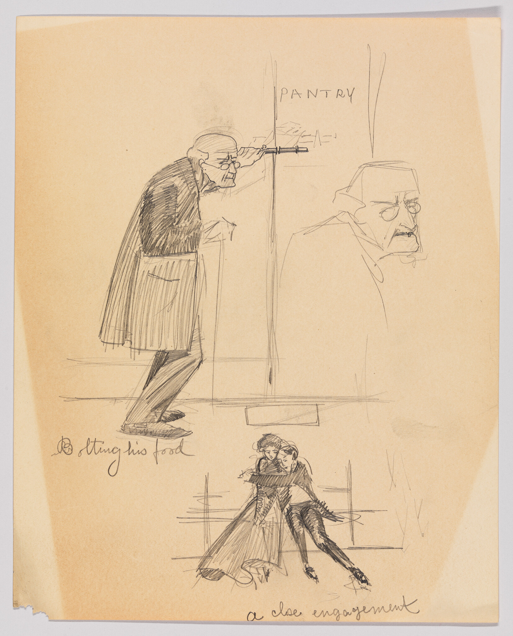 An elderly man peers through a pantry door with cane while a couple embraces below.