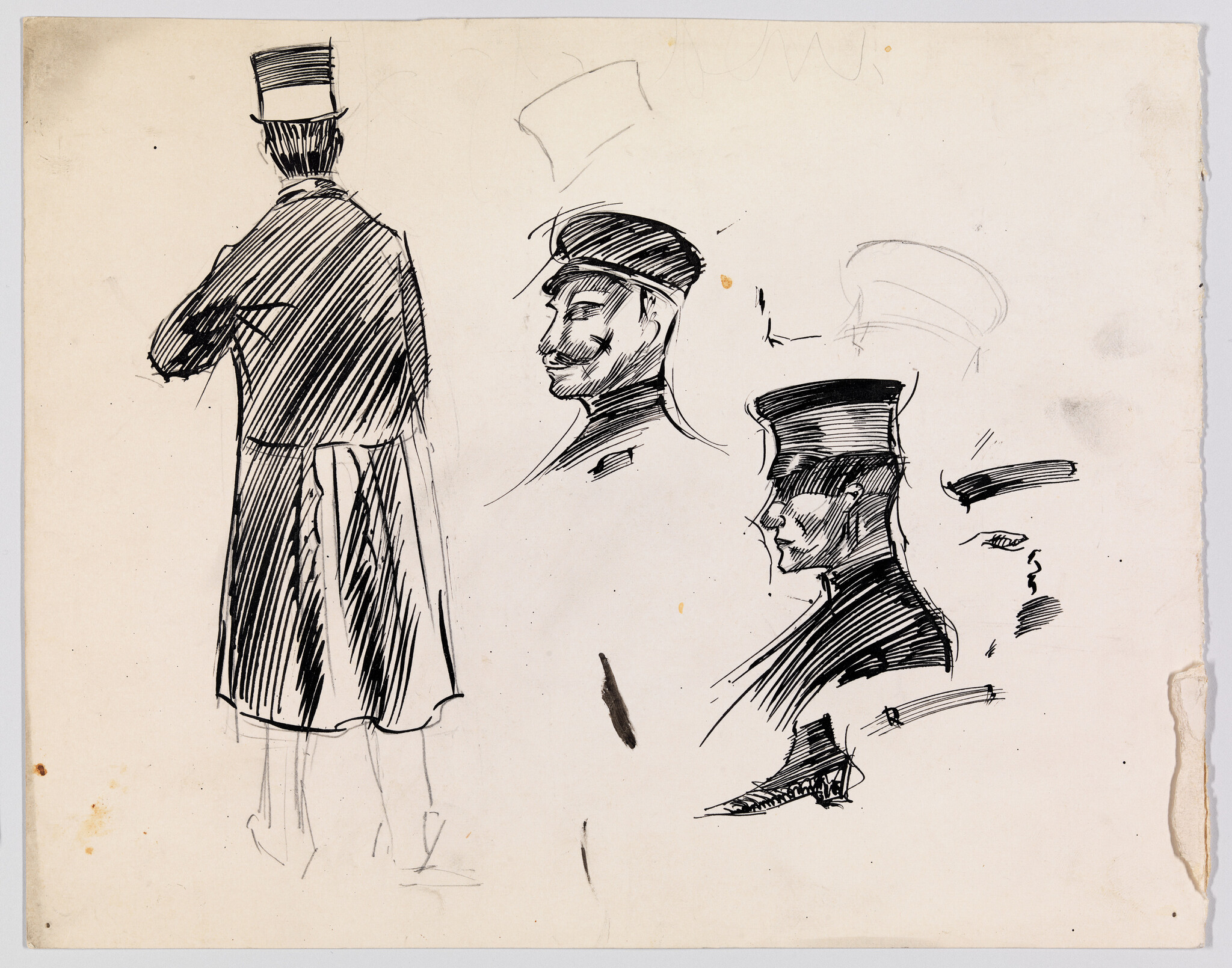Several ink sketches showing men in tall hats and coats from different angles.
