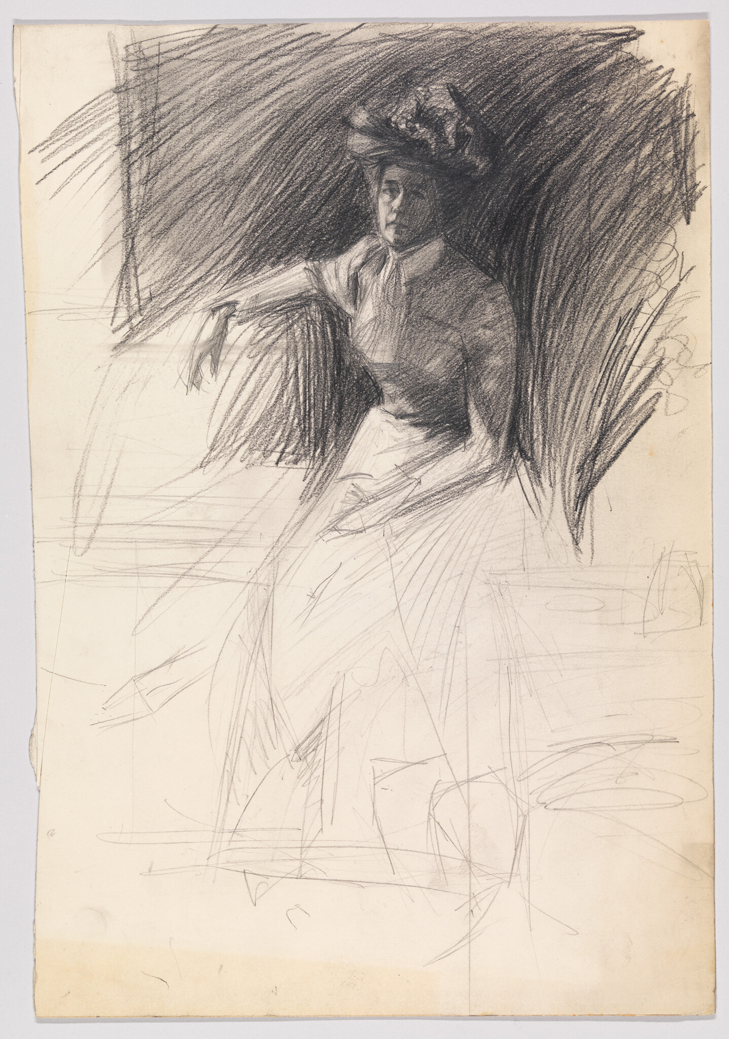 A woman in a hat sits leaning on an armrest in a rough pencil sketch.