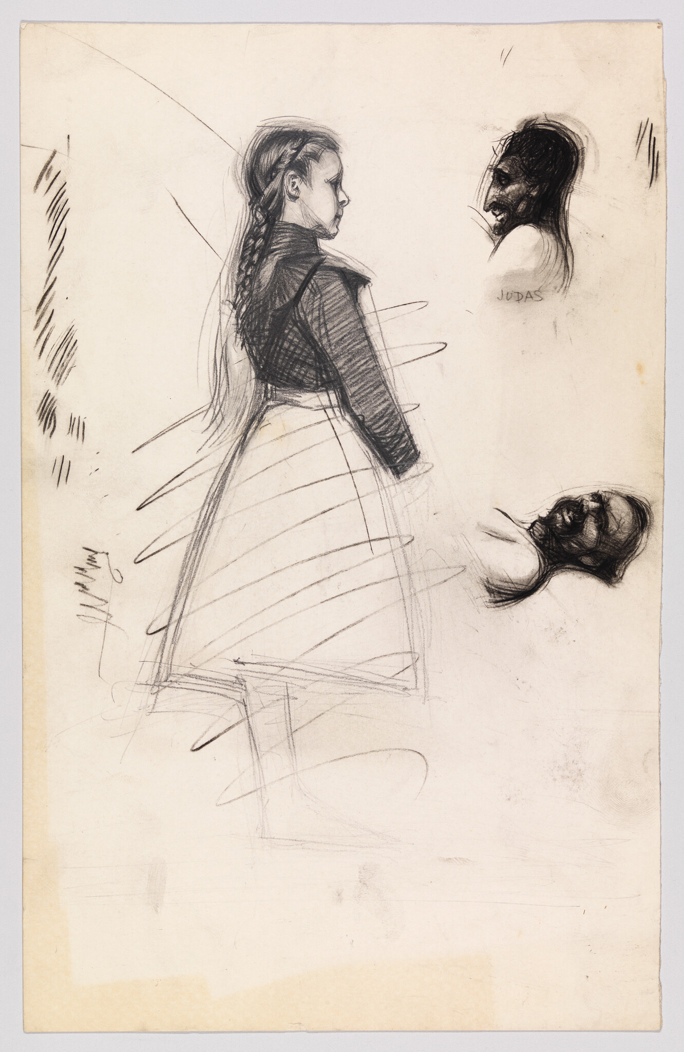 Young girl with braided hair stands in profile wearing a dress, with two rough male head studies nearby.