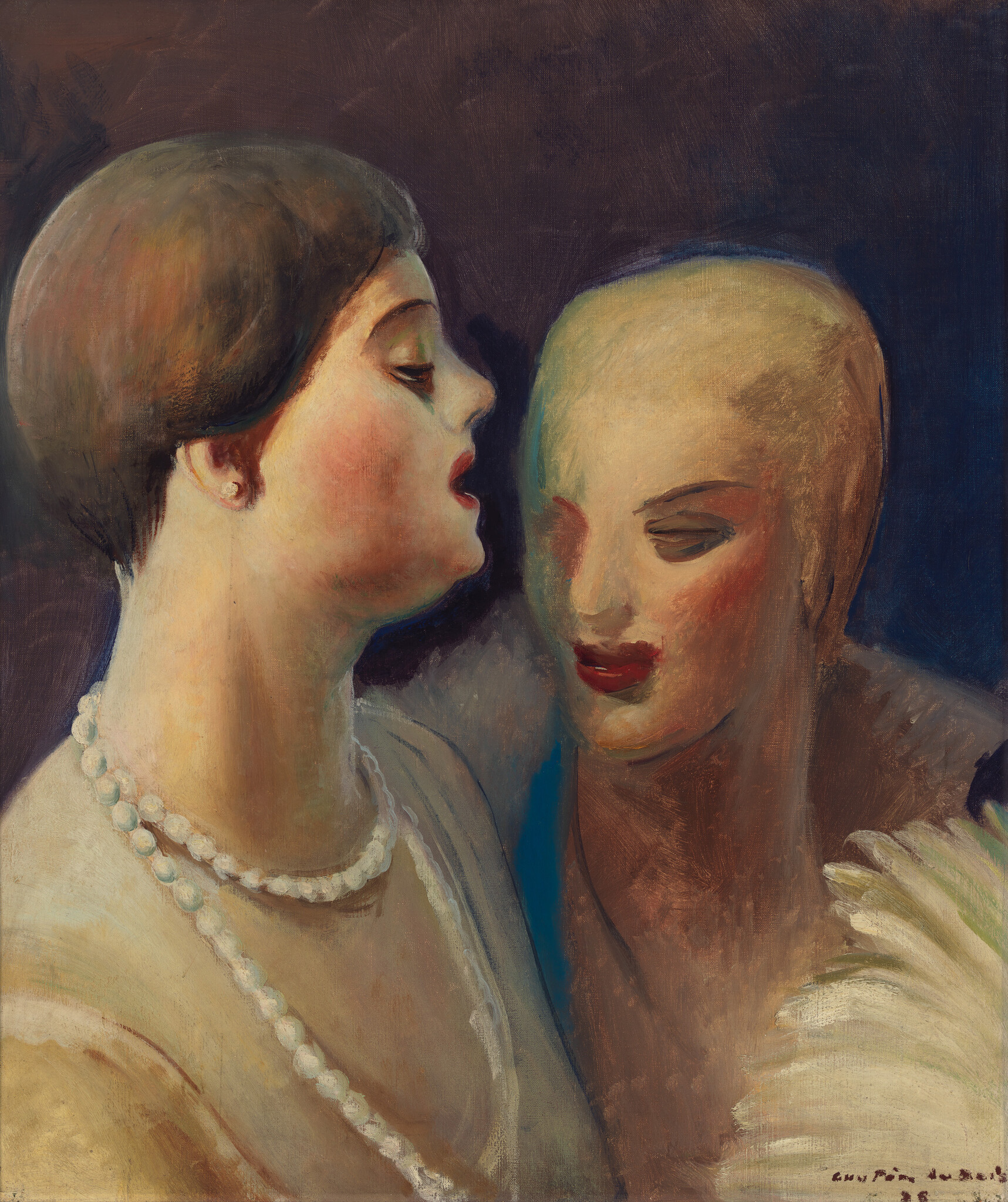 Two women in evening dress whisper closely, one wearing a pearl necklace and feathered accessory.