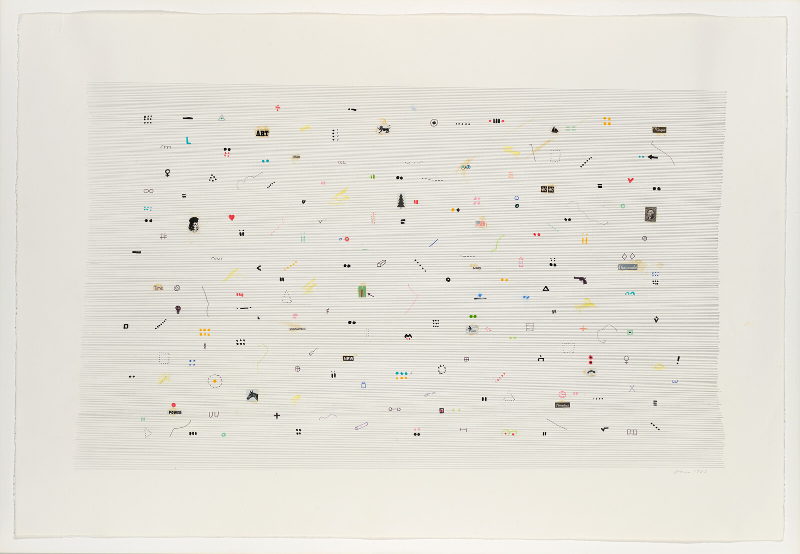 Large sheet with many tiny colorful symbols and icons arranged on faint horizontal lines.