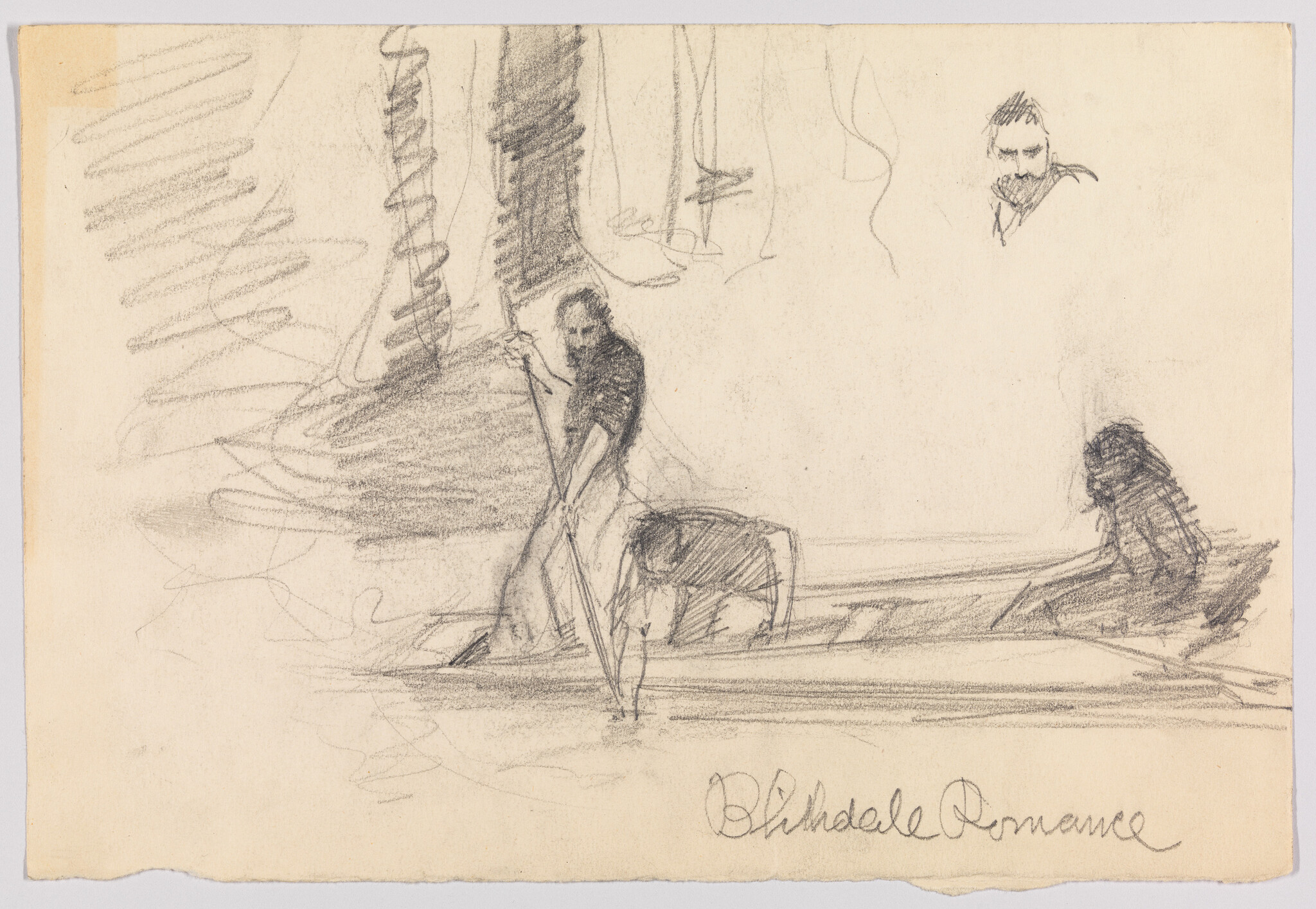 Three people in a small boat, one standing and pushing with a pole near trees.