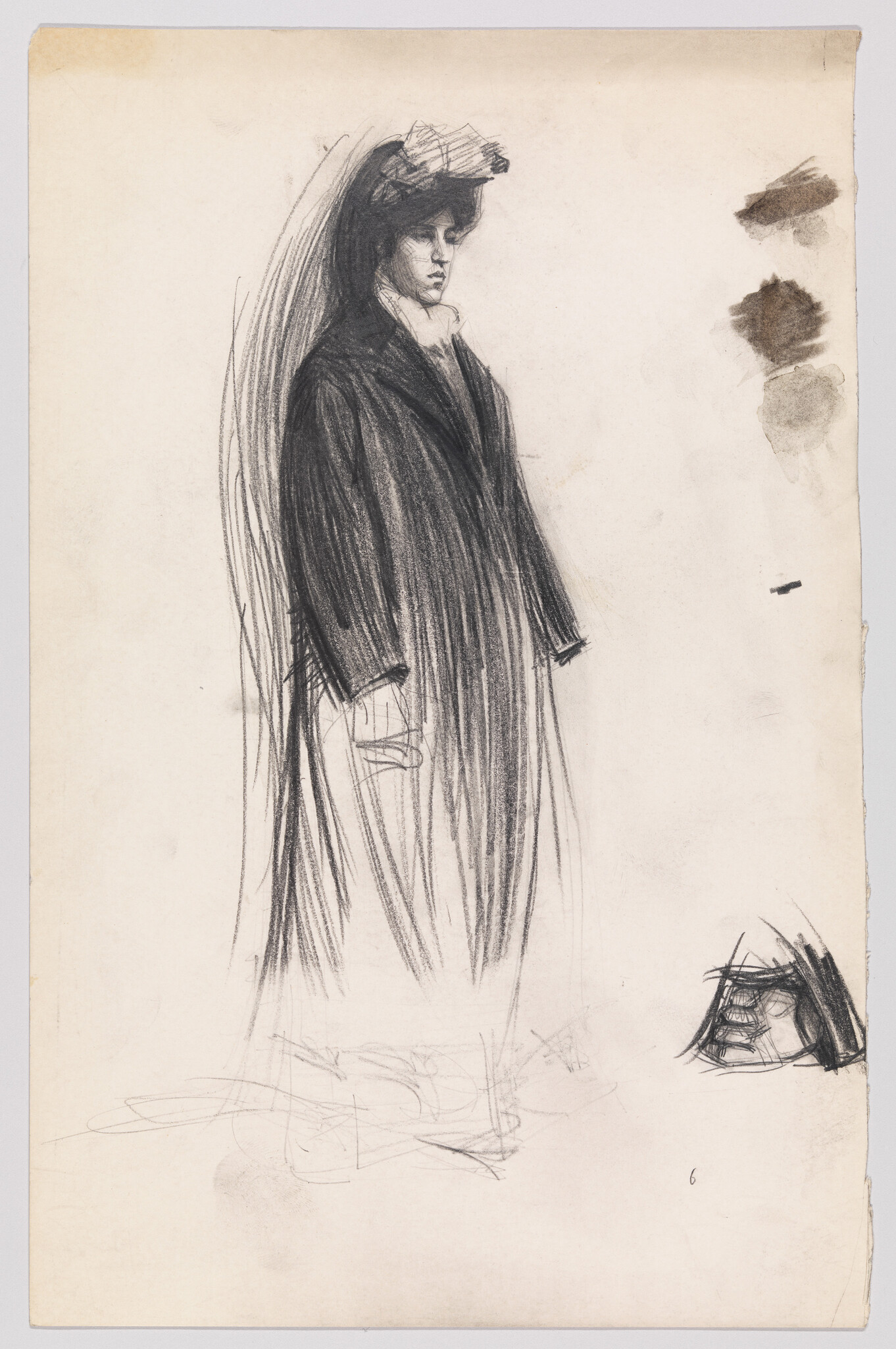 A sketch of a person in profile view, wearing a hat and a long coat, with additional smudge marks and a small sketch of a structure on the right side of the paper.