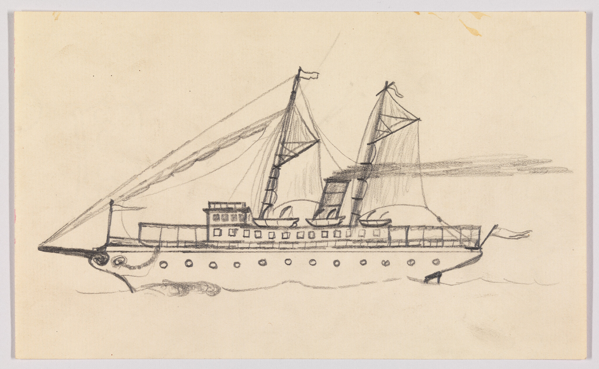 A pencil sketch of a steamship with two smokestacks, lifeboats, and sails on calm water.